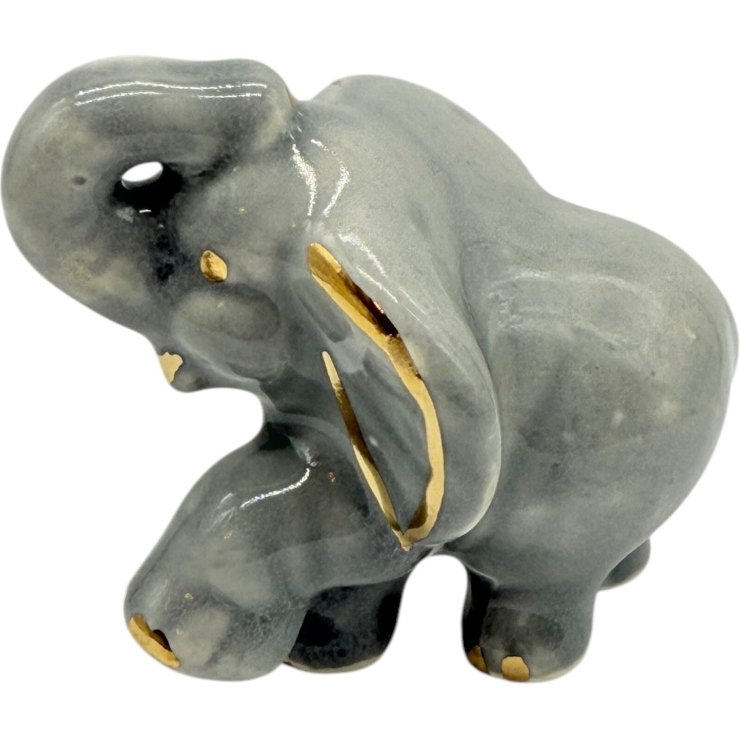 Elephant Figurine Gray Gold Accents Ceramic Animal Decor Collectible Cute