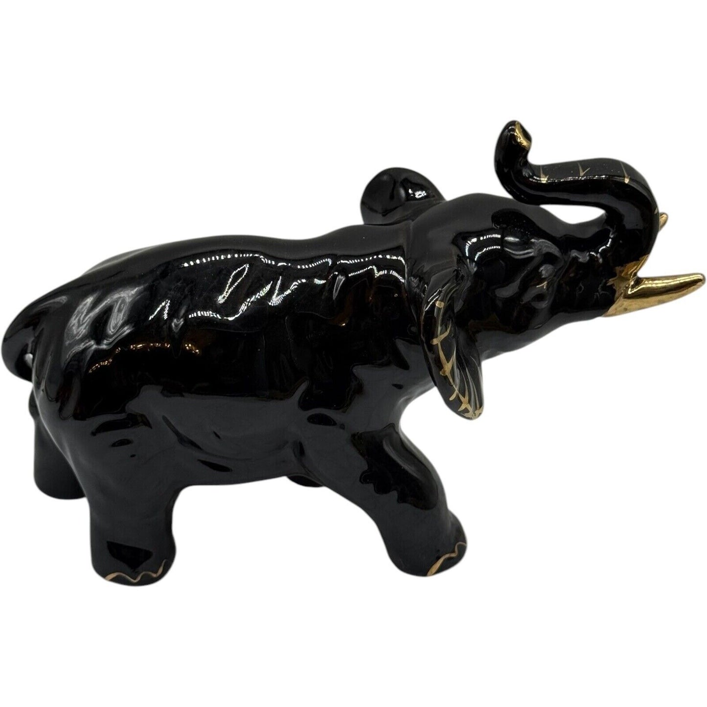 Black Elephant Figurine Gold Accents Ceramic Animal Statue Home Decor