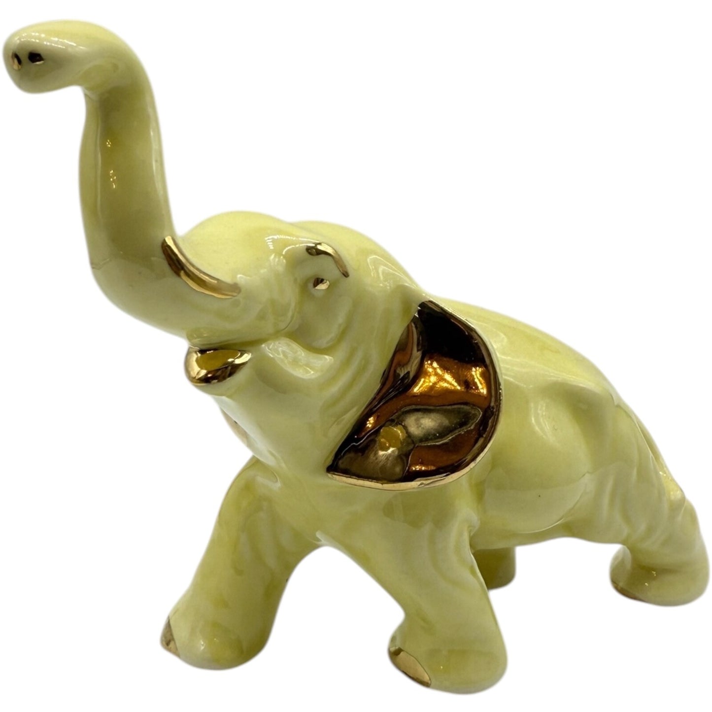 Vintage Ceramic Elephant Figurine Trunk Up | Yellow with Golden Trim | Good Luck