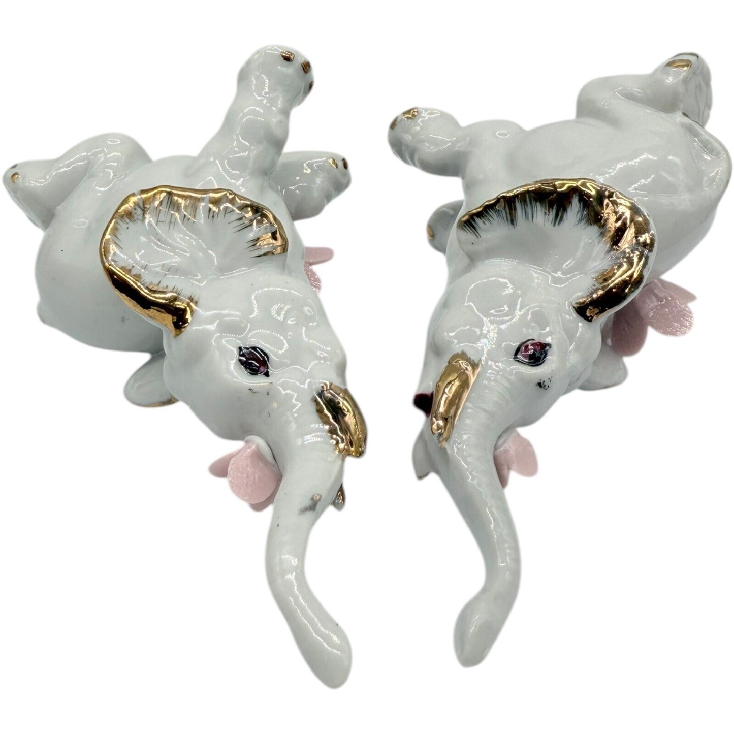 Elephant Figurines White Porcelain Gold Trim Pink Flowers Home Decor Set