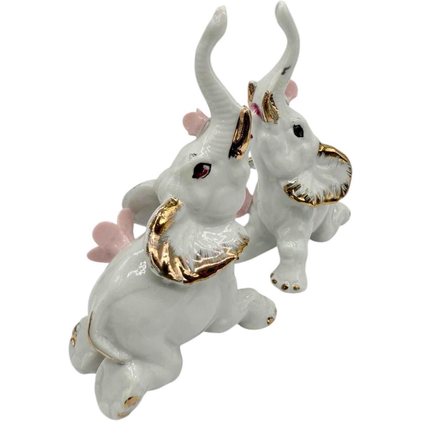 Elephant Figurines White Porcelain Gold Trim Pink Flowers Home Decor Set