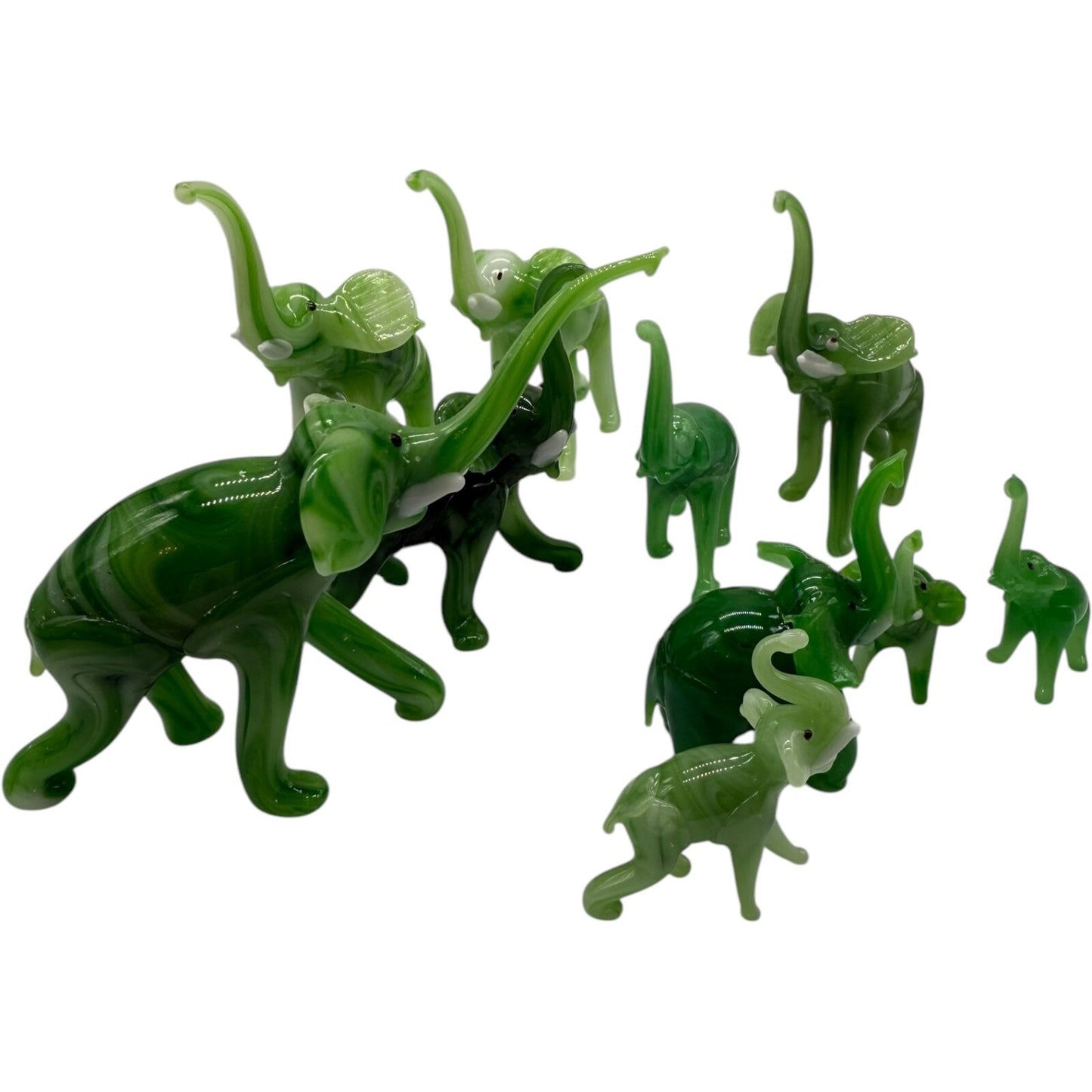 Hand Blown Glass Elephant Set - Swirled Green Family of 10 Vintage Collectibles