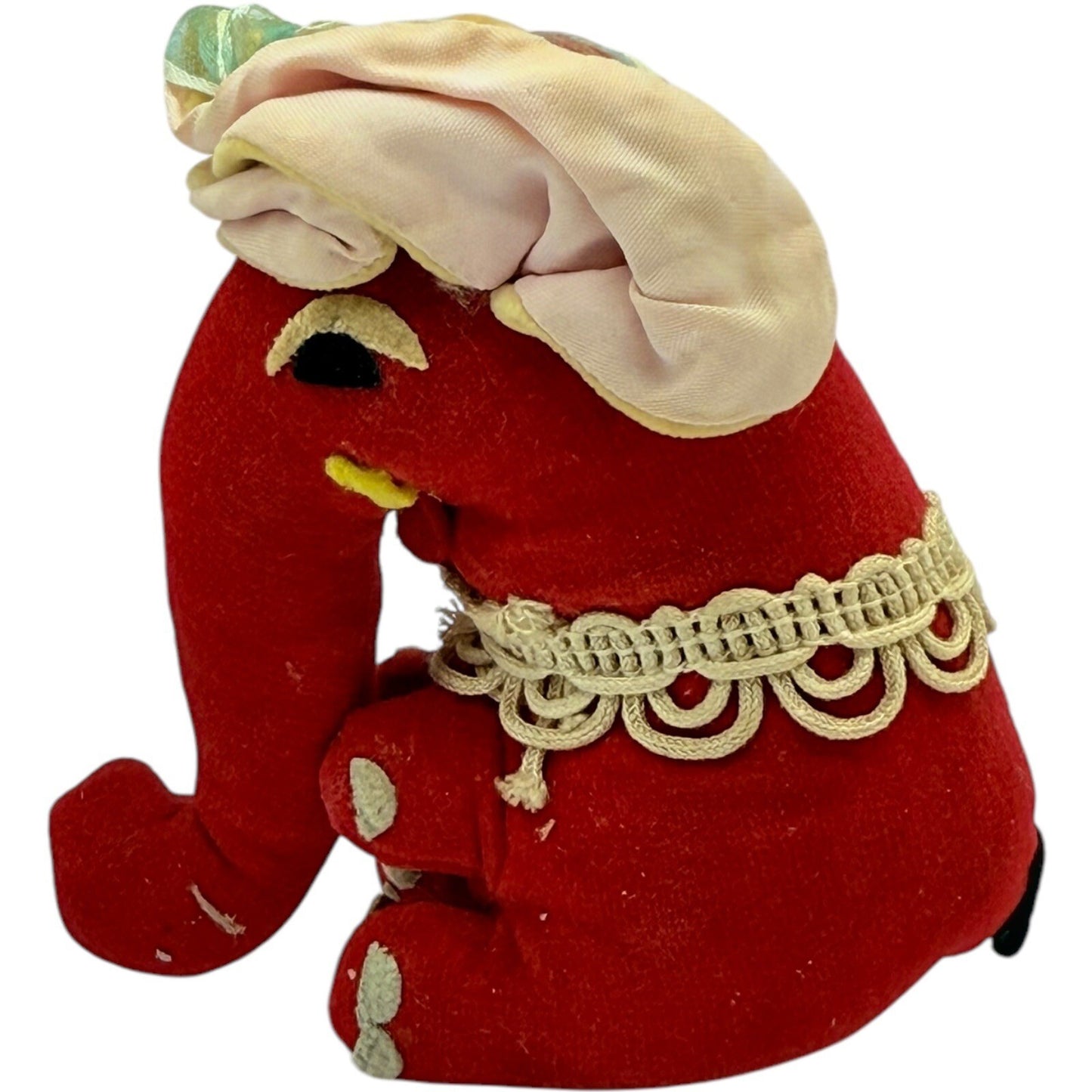 Vintage Red Elephant Plush Toy Stuffed Animal with Bonnet & Lace Trim