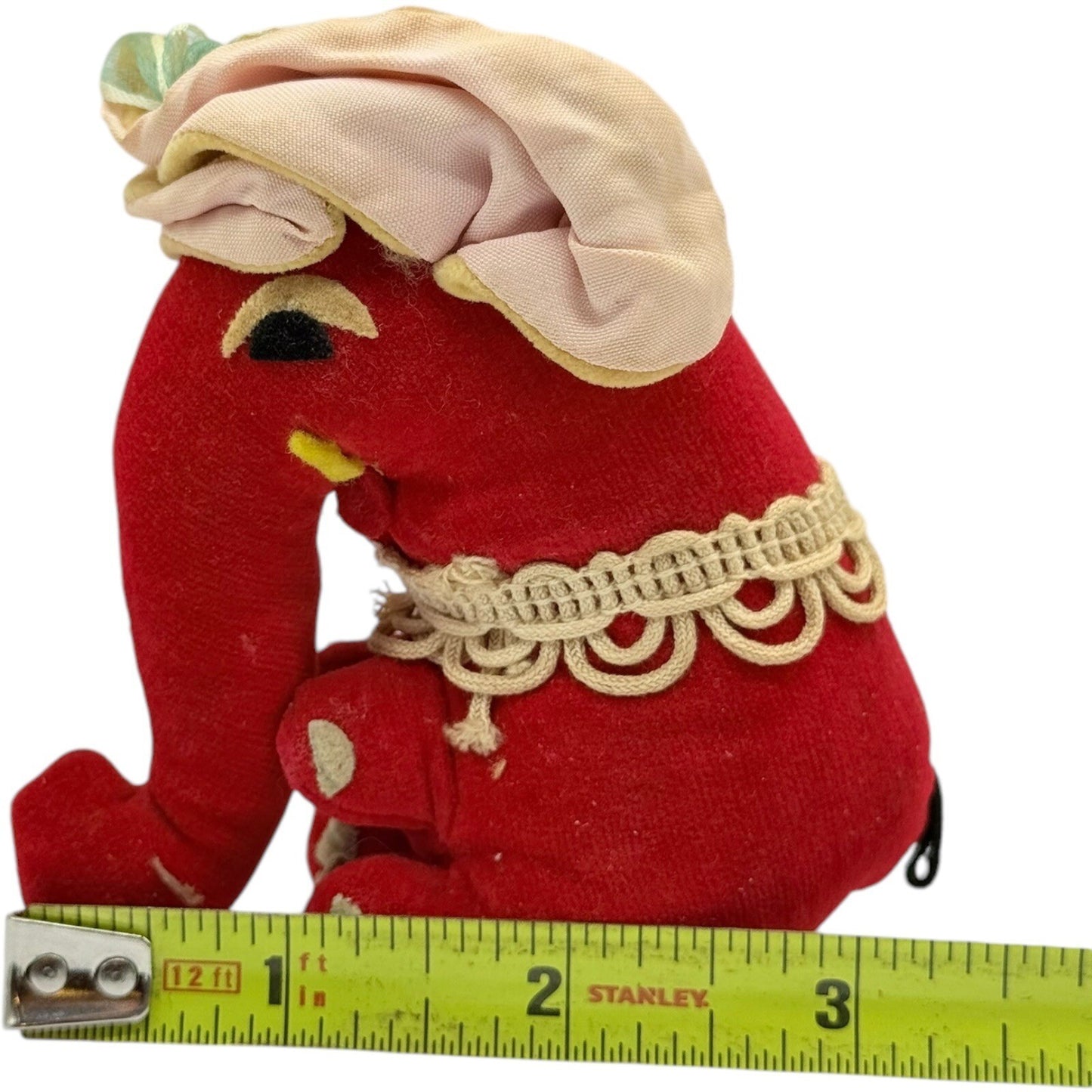 Vintage Red Elephant Plush Toy Stuffed Animal with Bonnet & Lace Trim