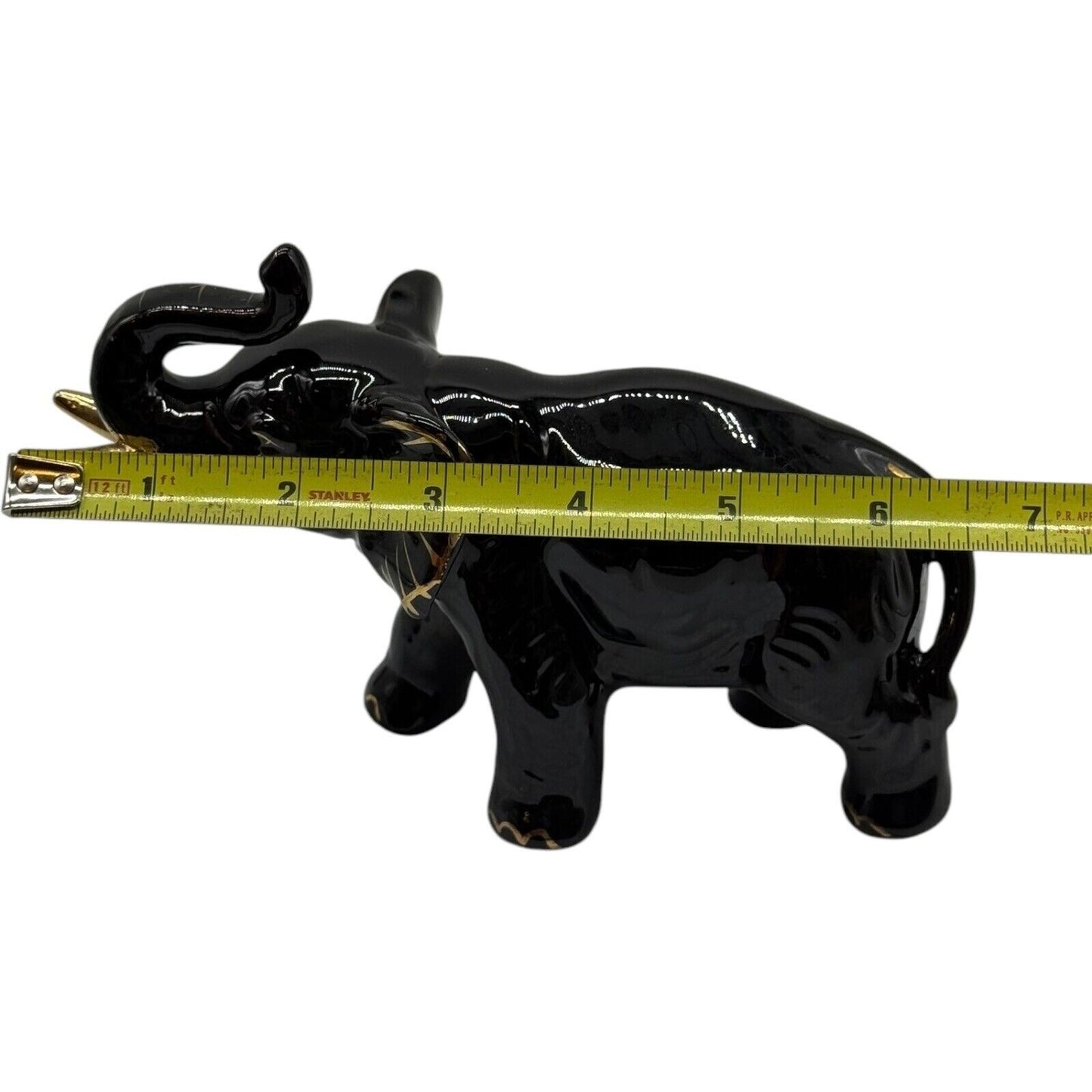 Black Elephant Figurine Gold Accents Ceramic Animal Statue Home Decor