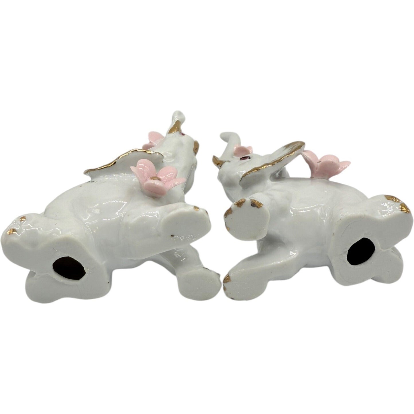 Elephant Figurines White Porcelain Gold Trim Pink Flowers Home Decor Set