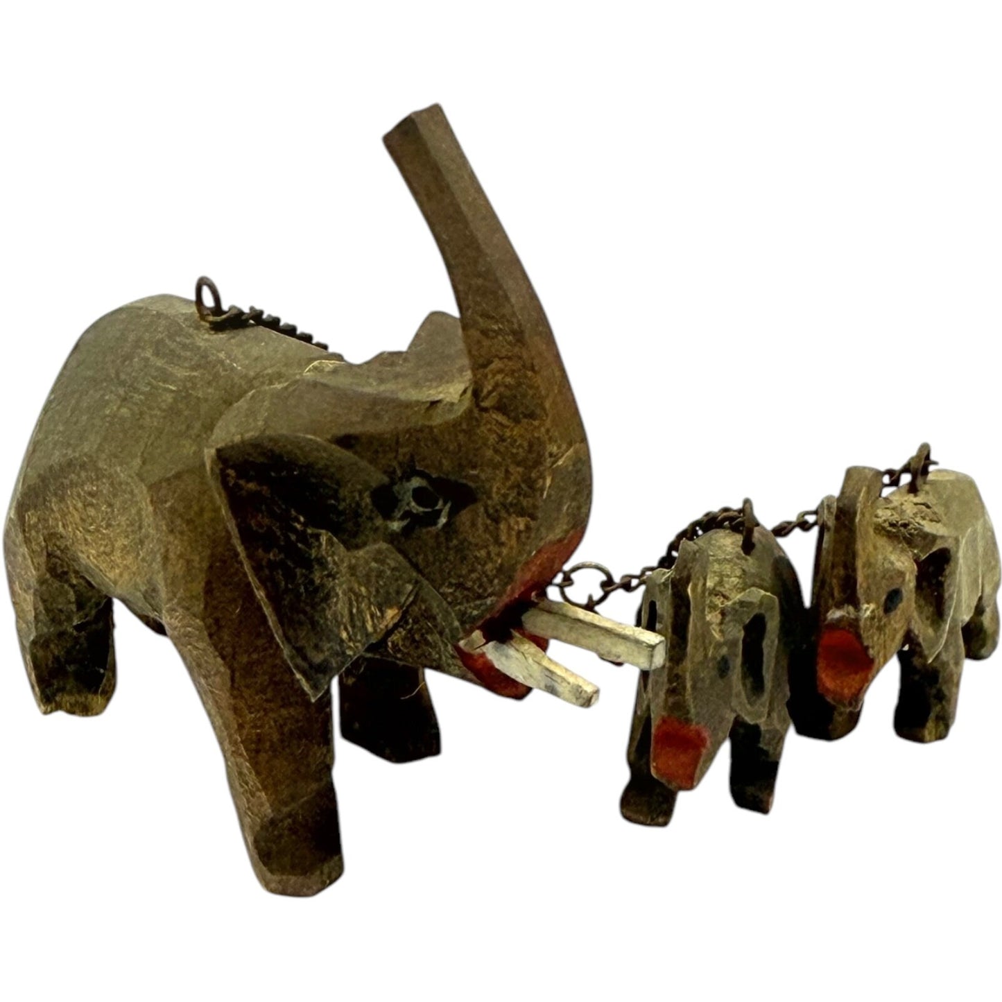 Vintage 1950s German Hand-Carved Wooden Elephant Toy Set with 2 Baby Elephants