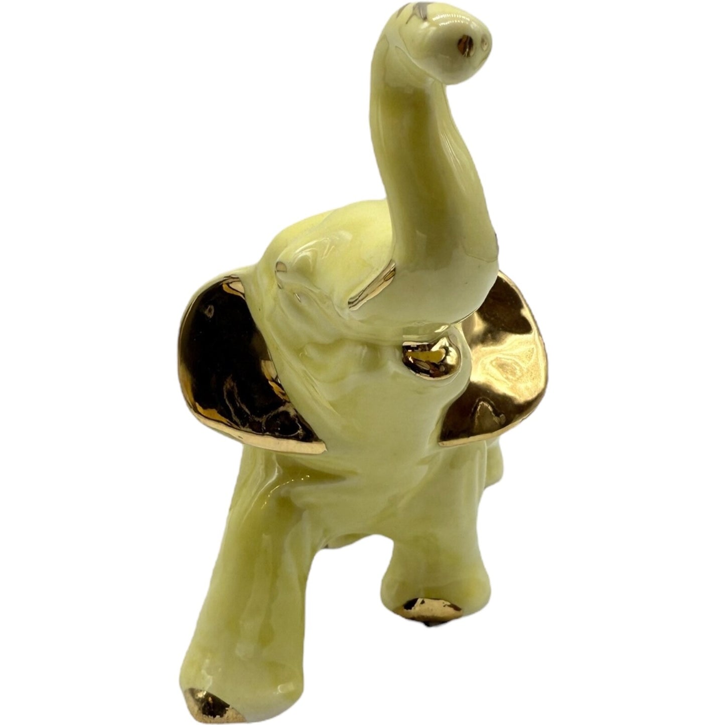 Vintage Ceramic Elephant Figurine Trunk Up | Yellow with Golden Trim | Good Luck