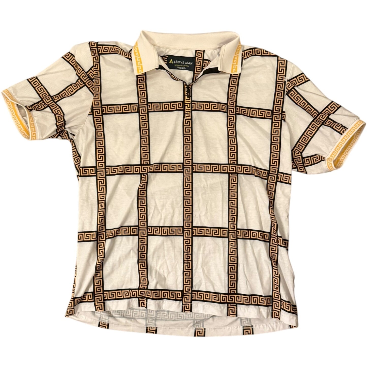 Men's Polo Shirt Slim Fit Golf Stretch White/Gold Italian Designer Size 2XL