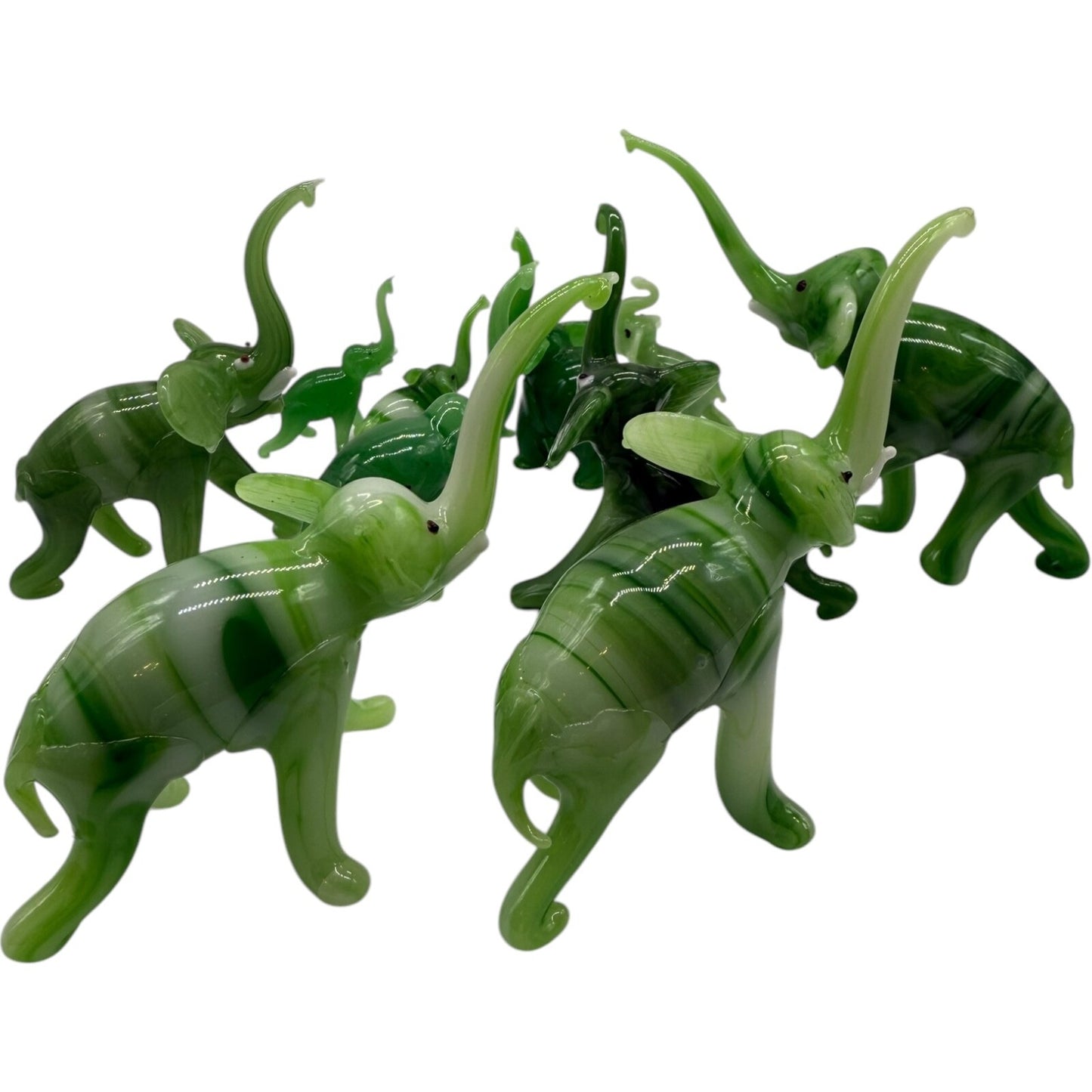 Hand Blown Glass Elephant Set - Swirled Green Family of 10 Vintage Collectibles
