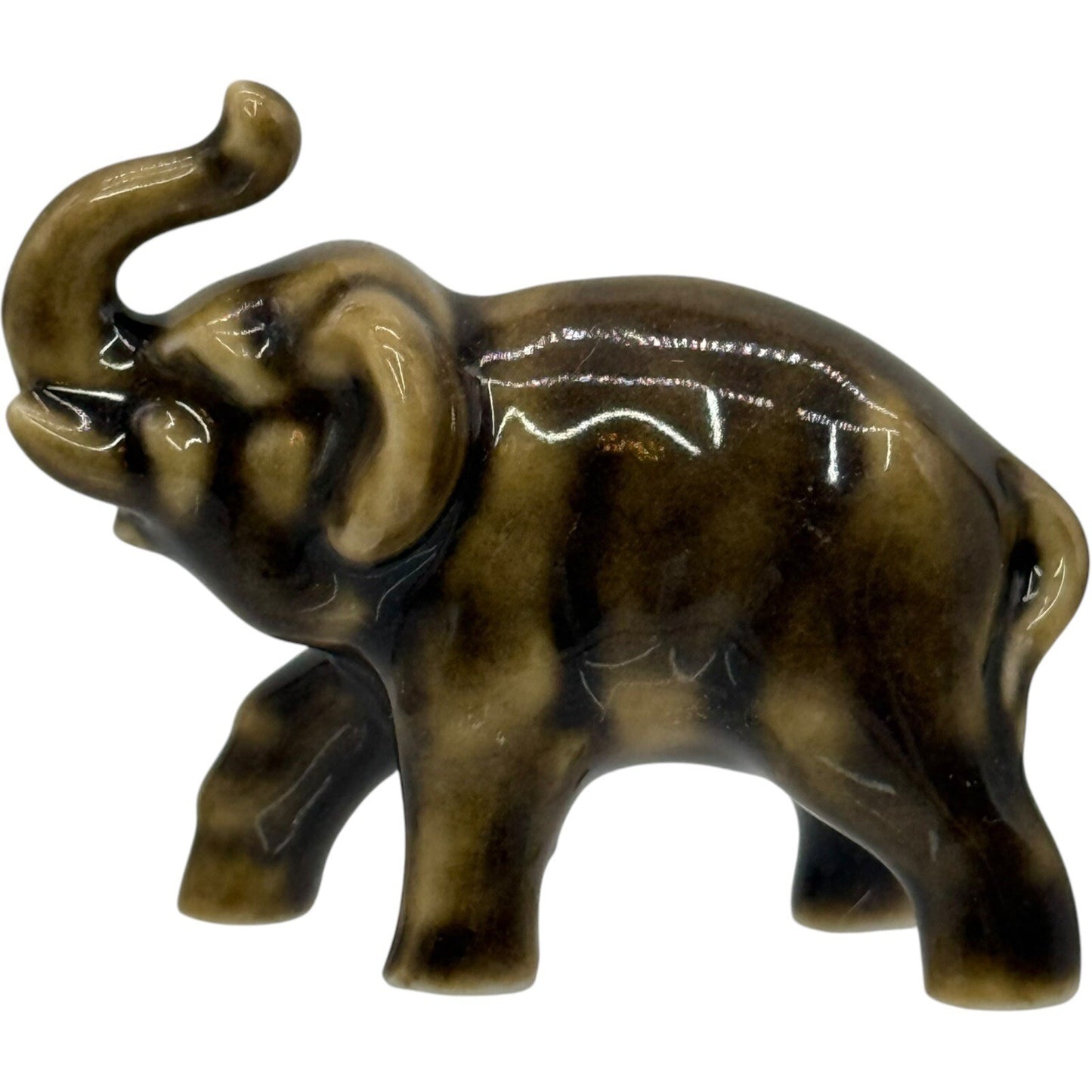 Elephant Figurine Ceramic Animal Statue Decor Shelf Sitter Brown Glazed Small