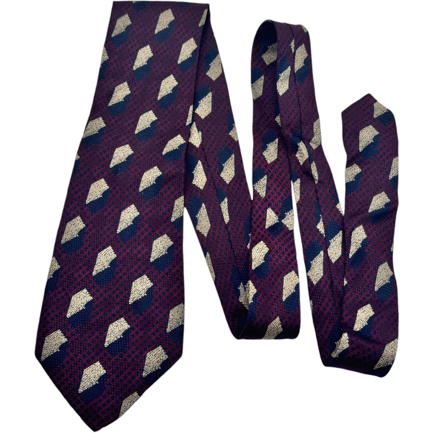 Allea Milano 100% Blue Maroon & Cream Geometric Silk Textured Neck Tie 57” x 4”