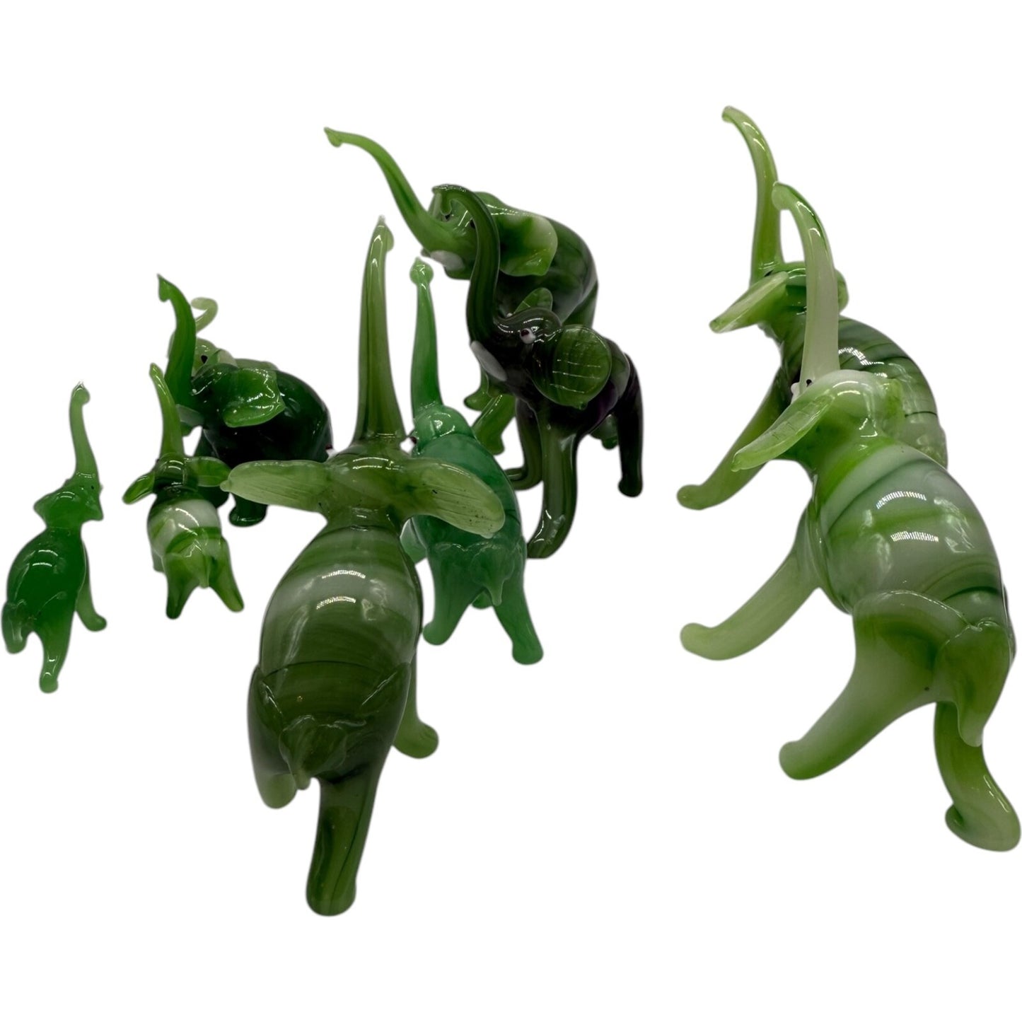 Hand Blown Glass Elephant Set - Swirled Green Family of 10 Vintage Collectibles