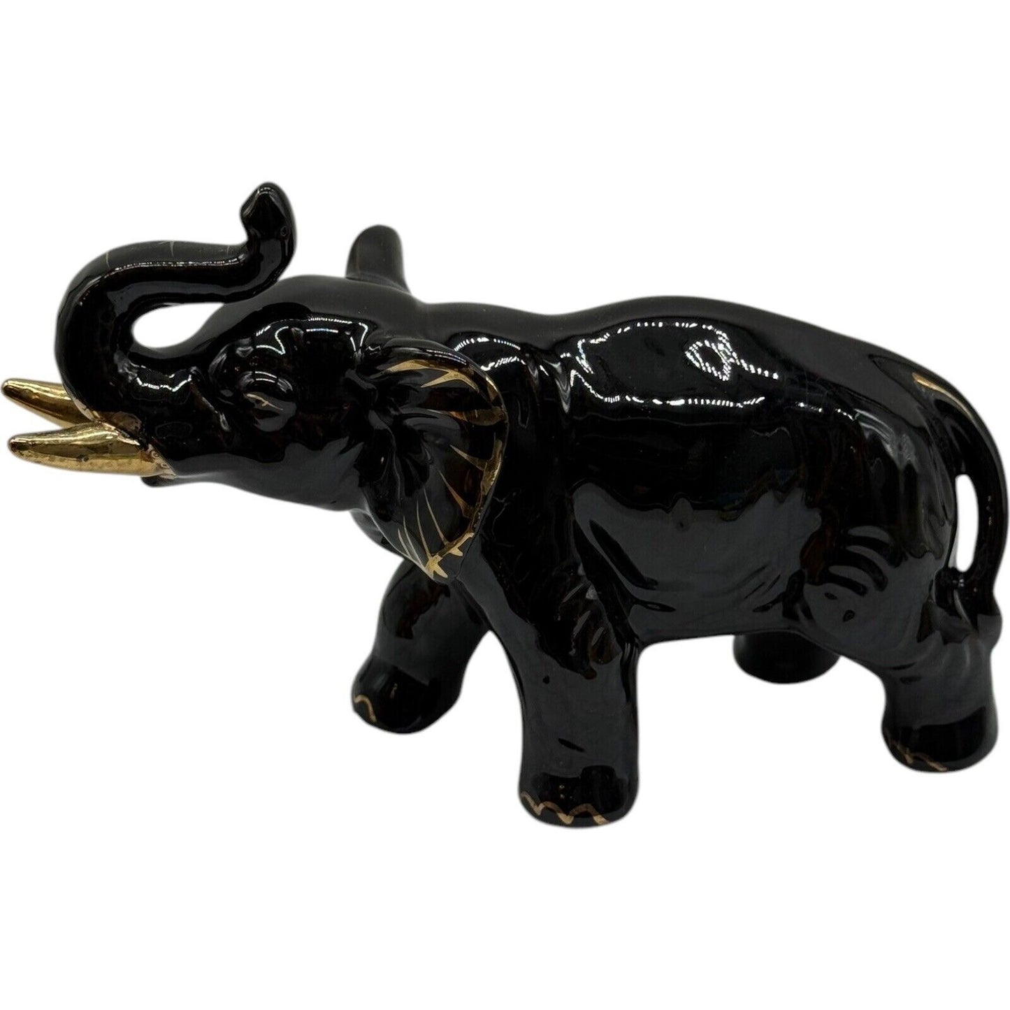 Black Elephant Figurine Gold Accents Ceramic Animal Statue Home Decor