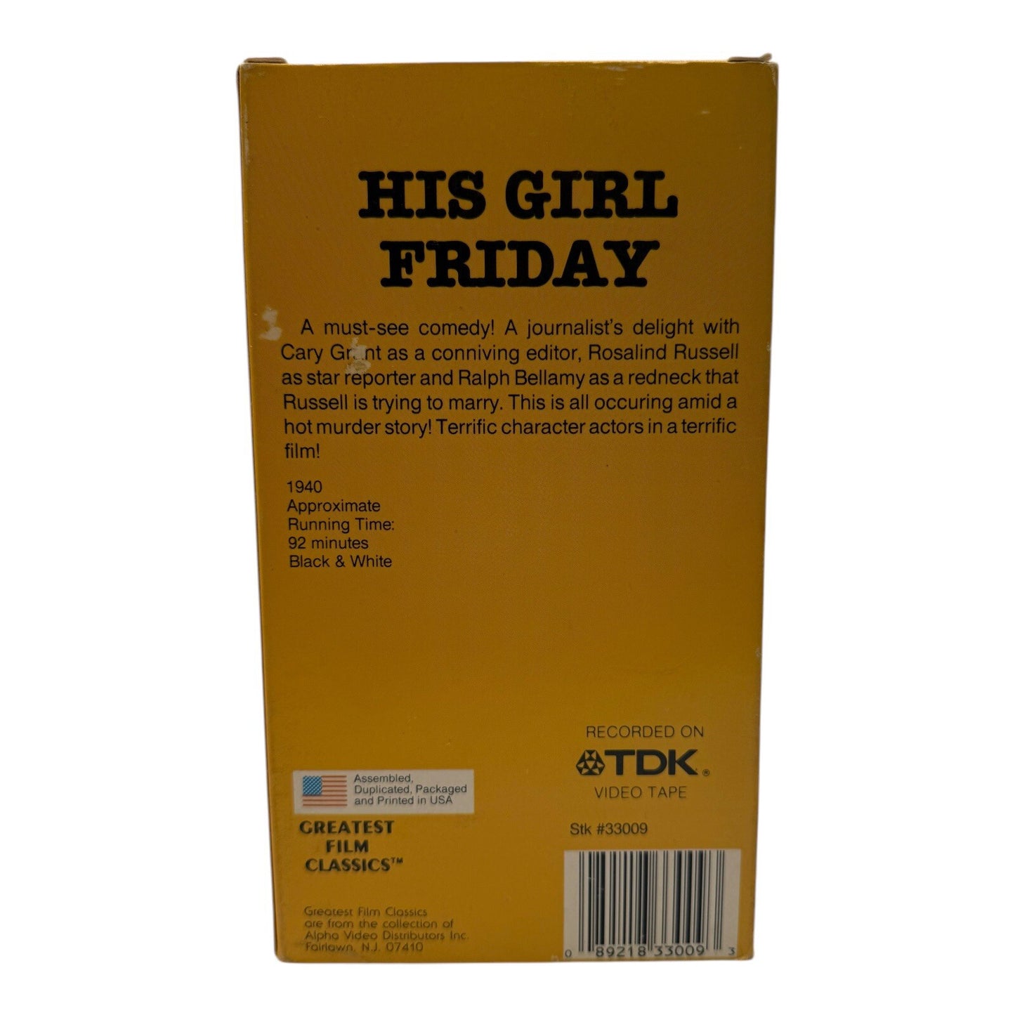 His Girl Friday ( VHS 1940 Cary Grant) Used - Greatest Film Classics