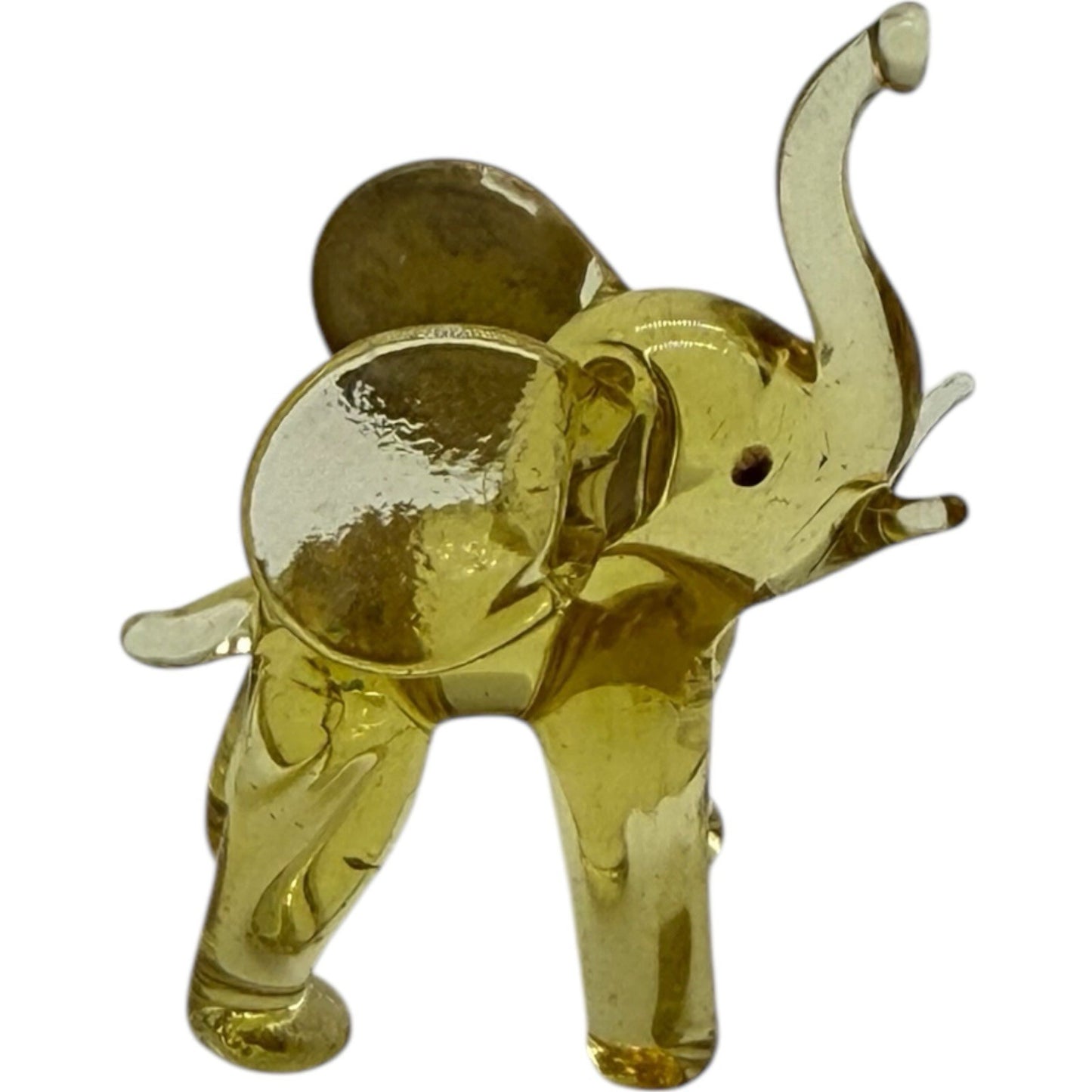 Hand Blown Glass Elephant Figurine - Yellow, Miniature, Made in Italy, Trunk Up