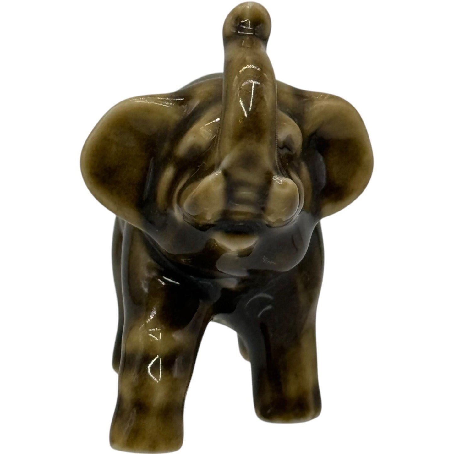 Elephant Figurine Ceramic Animal Statue Decor Shelf Sitter Brown Glazed Small