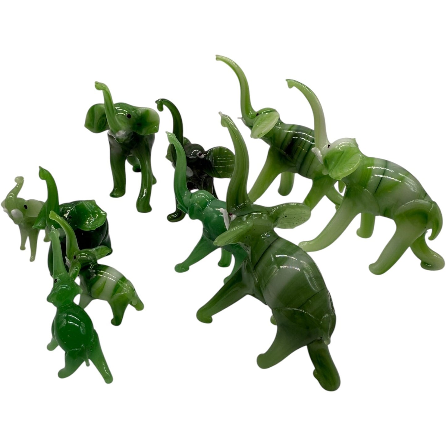 Hand Blown Glass Elephant Set - Swirled Green Family of 10 Vintage Collectibles