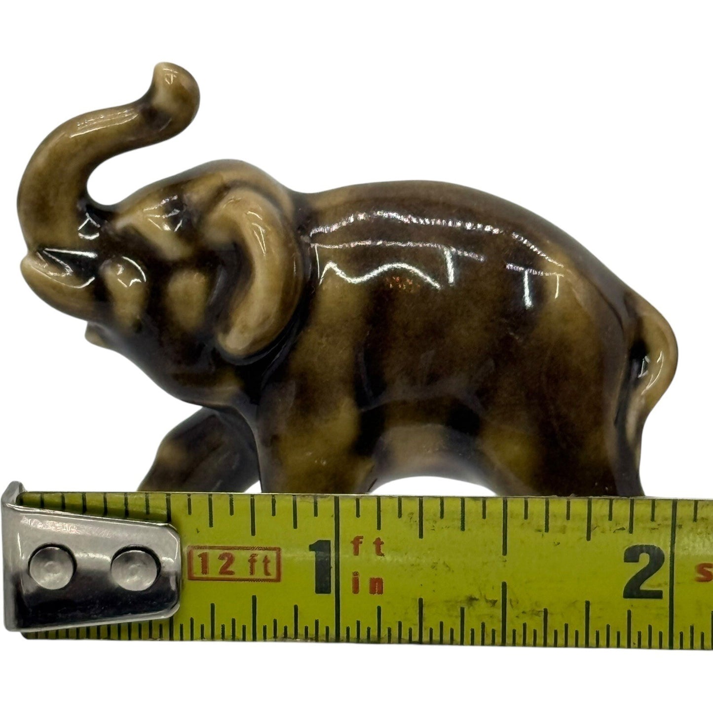 Elephant Figurine Ceramic Animal Statue Decor Shelf Sitter Brown Glazed Small