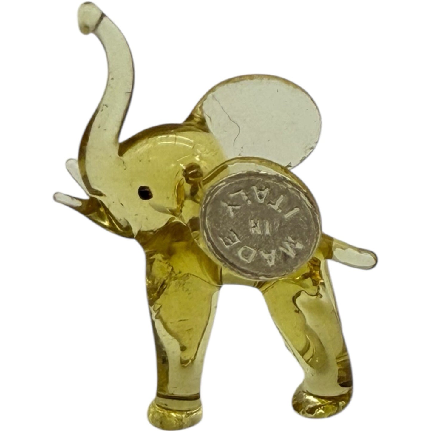 Hand Blown Glass Elephant Figurine - Yellow, Miniature, Made in Italy, Trunk Up