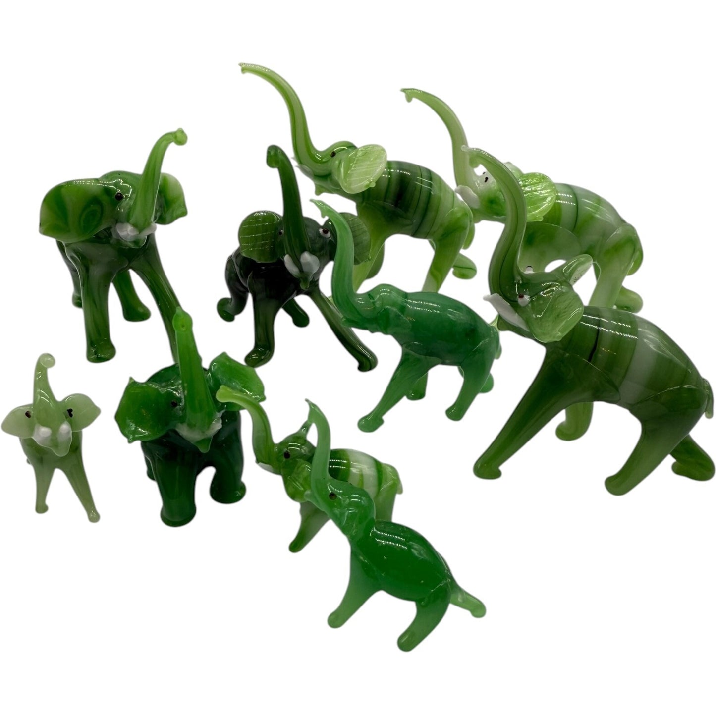 Hand Blown Glass Elephant Set - Swirled Green Family of 10 Vintage Collectibles