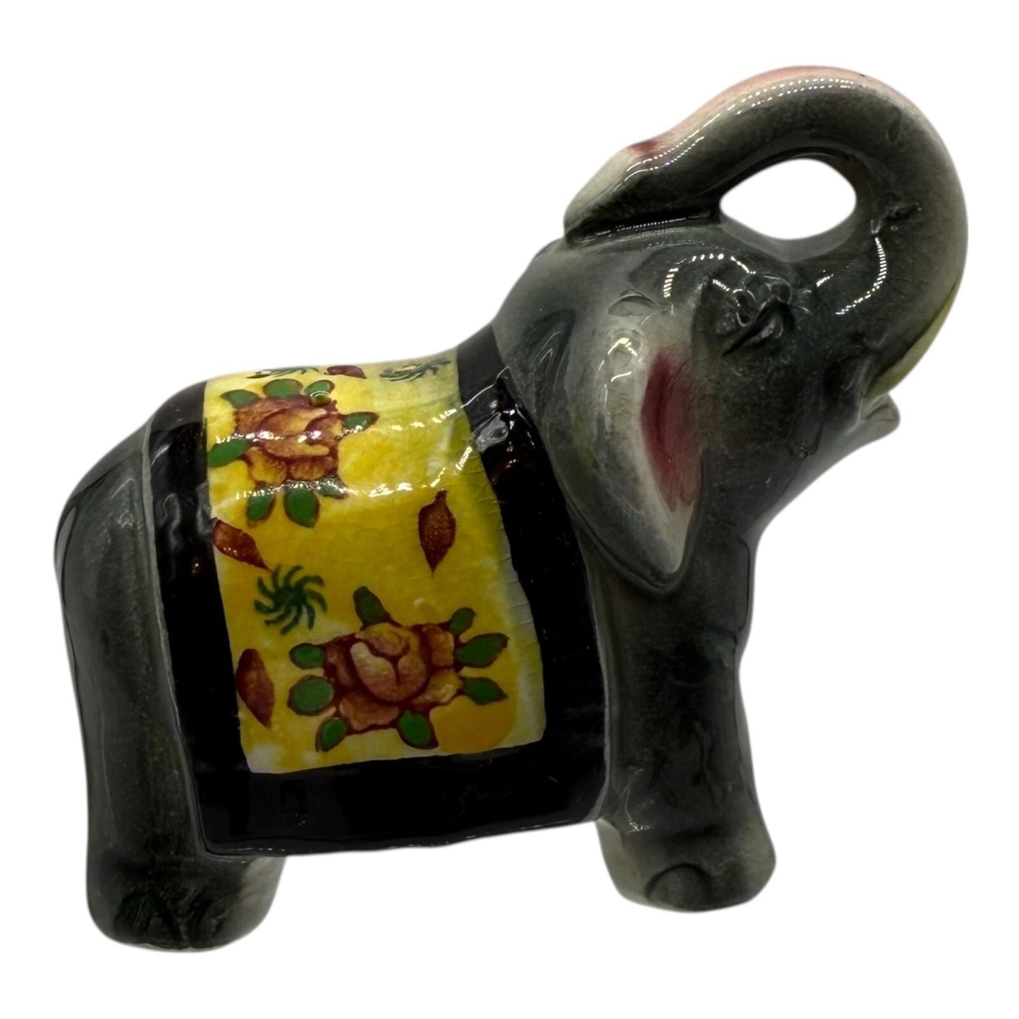 Vintage Ceramic Salt Shaker Elephant Figurine Floral Blanket Trunk Up Good Luck