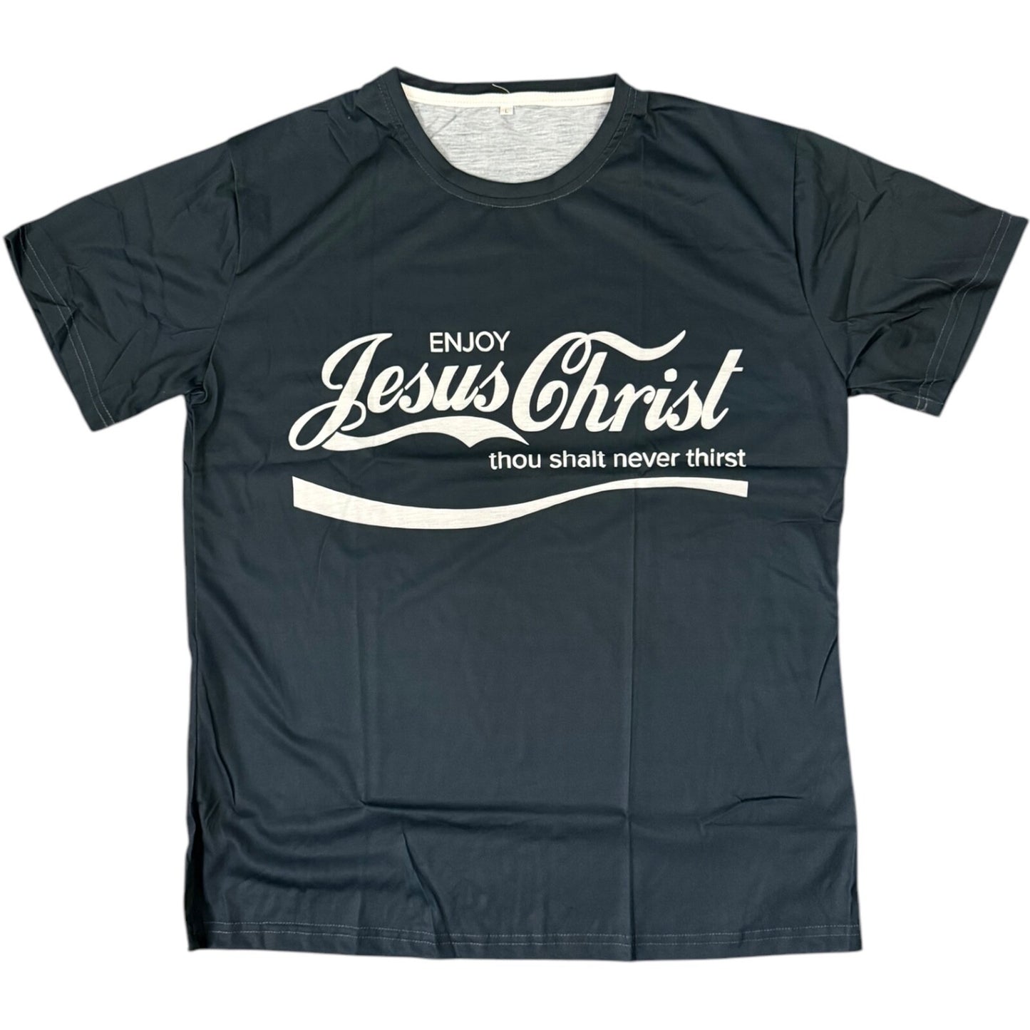 Enjoy Jesus Christ Graphic T-Shirt Adult Large Thou Shalt Never Thirst Navy Blue