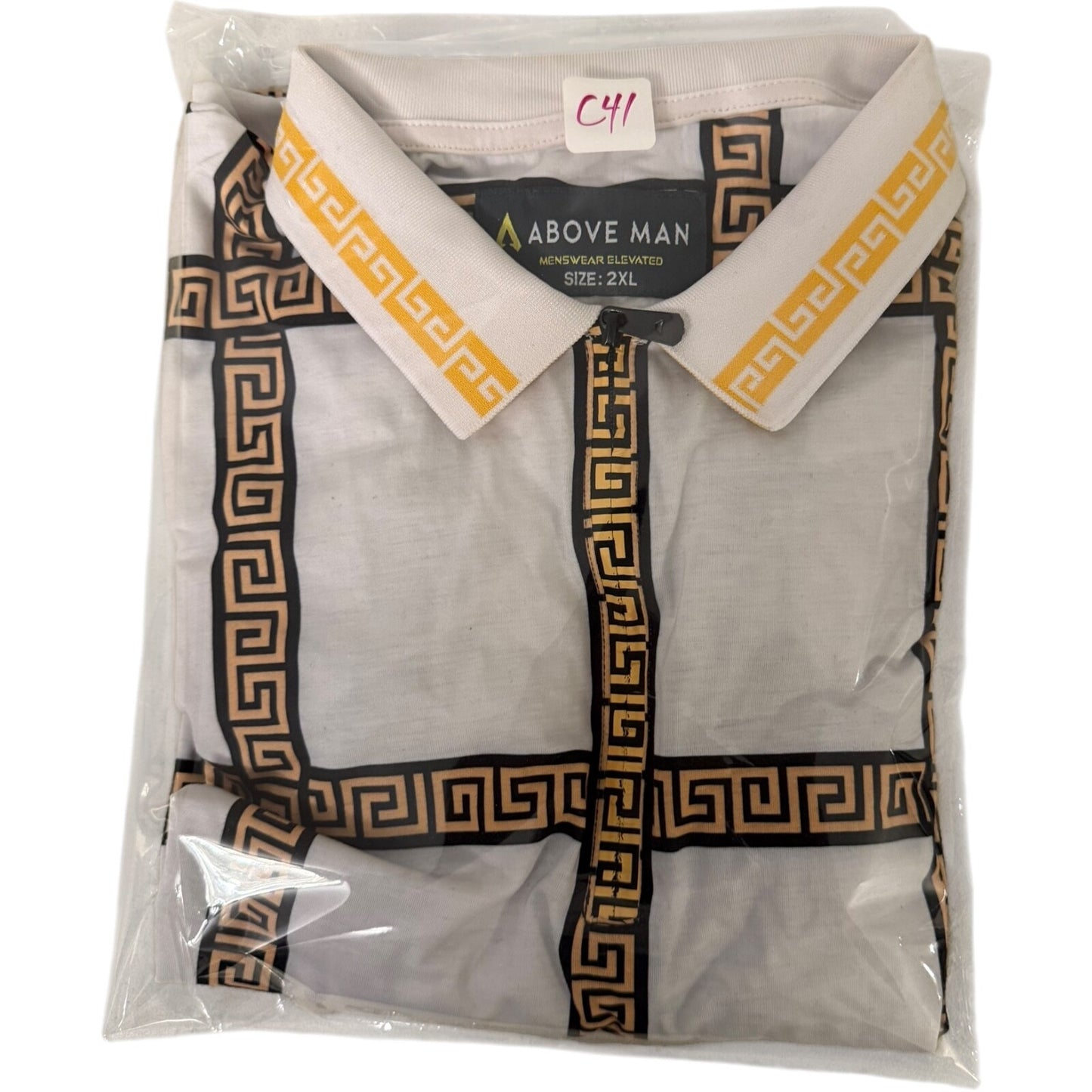 Men's Polo Shirt Slim Fit Golf Stretch White/Gold Italian Designer Size 2XL