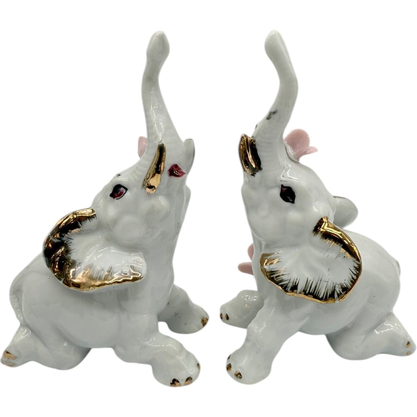 Elephant Figurines White Porcelain Gold Trim Pink Flowers Home Decor Set