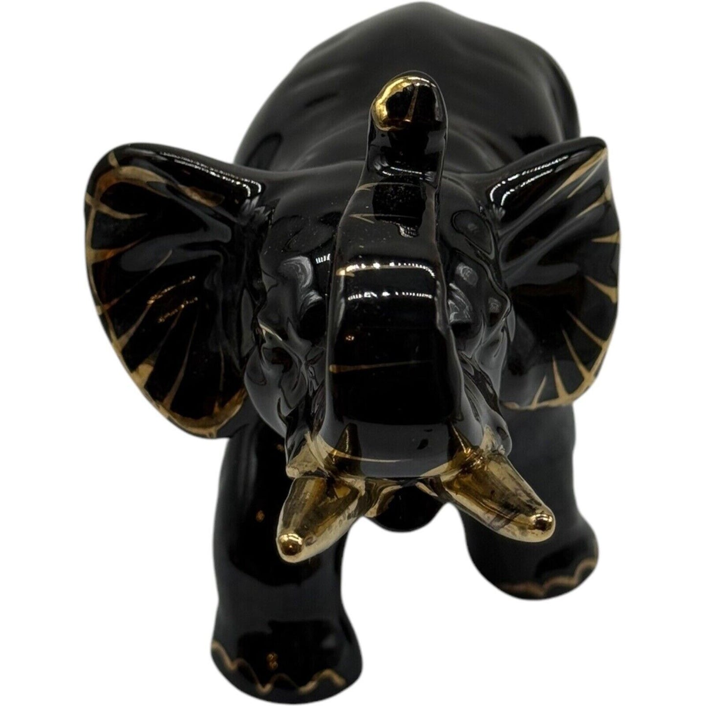 Black Elephant Figurine Gold Accents Ceramic Animal Statue Home Decor