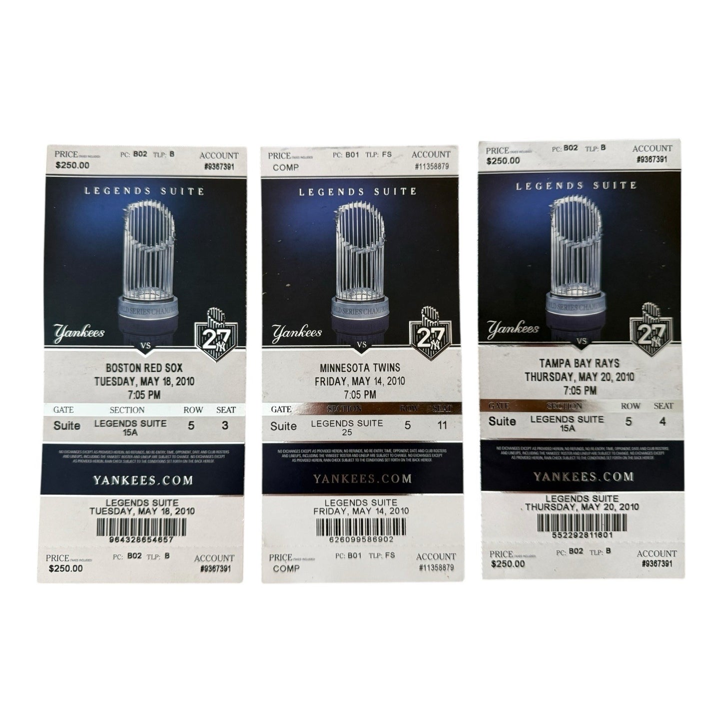 Yankees Legends Suite Ticket Stubs (3) vs. Red Sox, Twins & Rays – May 2010