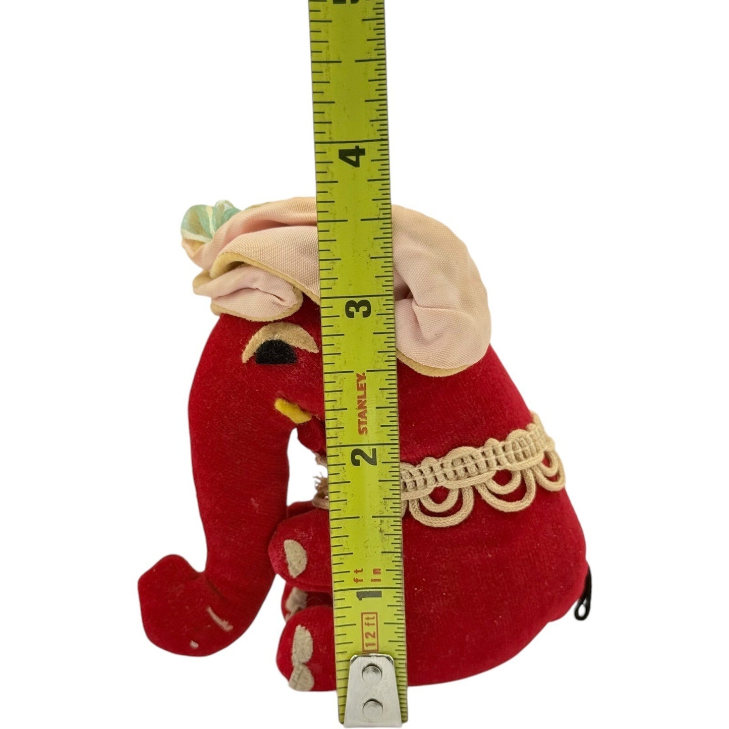 Vintage Red Elephant Plush Toy Stuffed Animal with Bonnet & Lace Trim