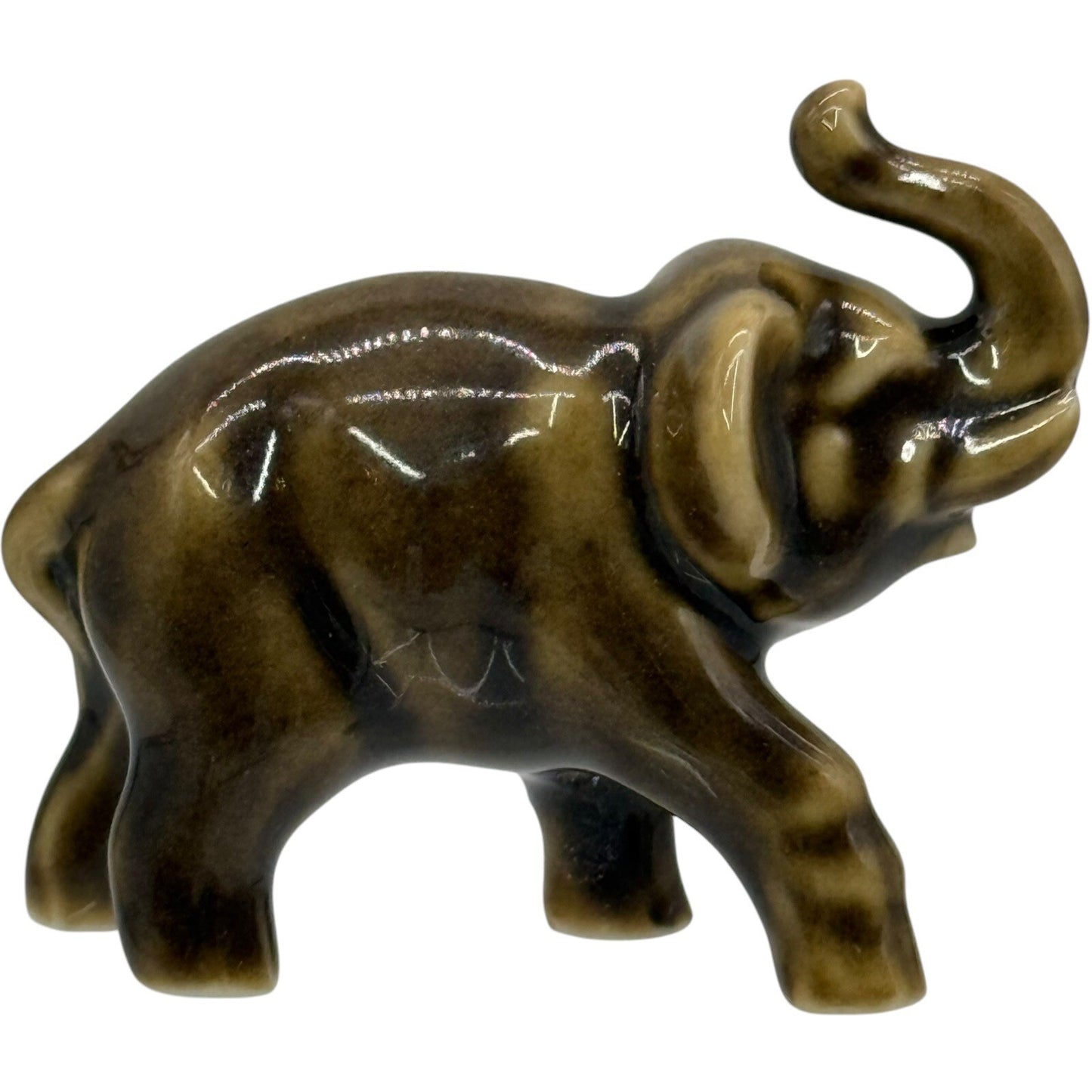 Elephant Figurine Ceramic Animal Statue Decor Shelf Sitter Brown Glazed Small