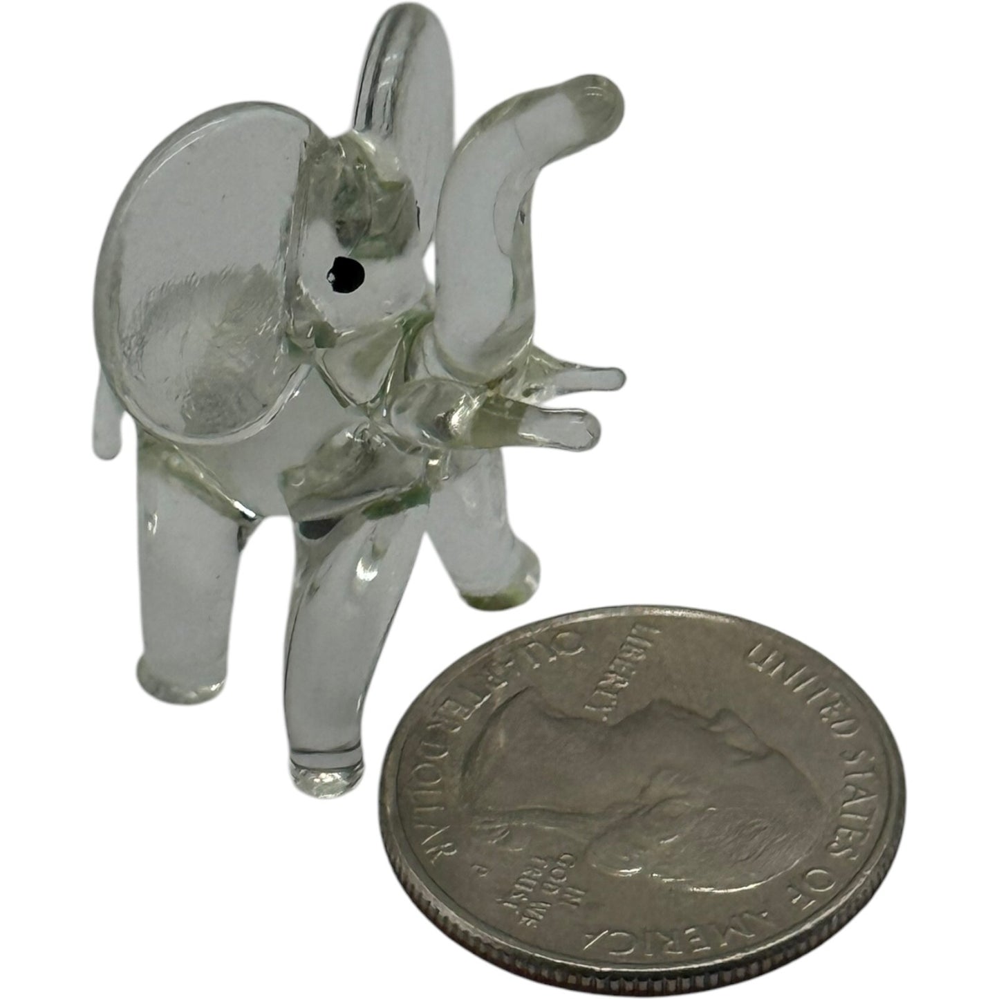 Hand Blown Glass Elephant Figurine - Miniature Collectible, Clear, Trunk Up