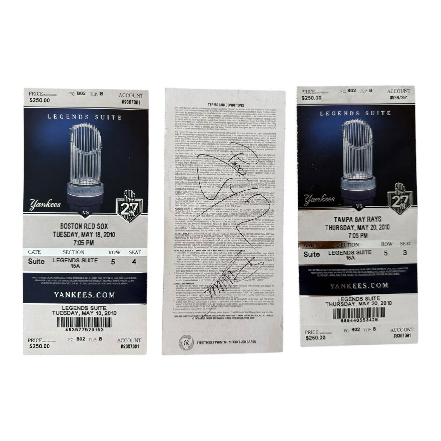 Yankees Legends Suite Ticket Stubs (3) vs. Red Sox, Twins & Rays – May 2010