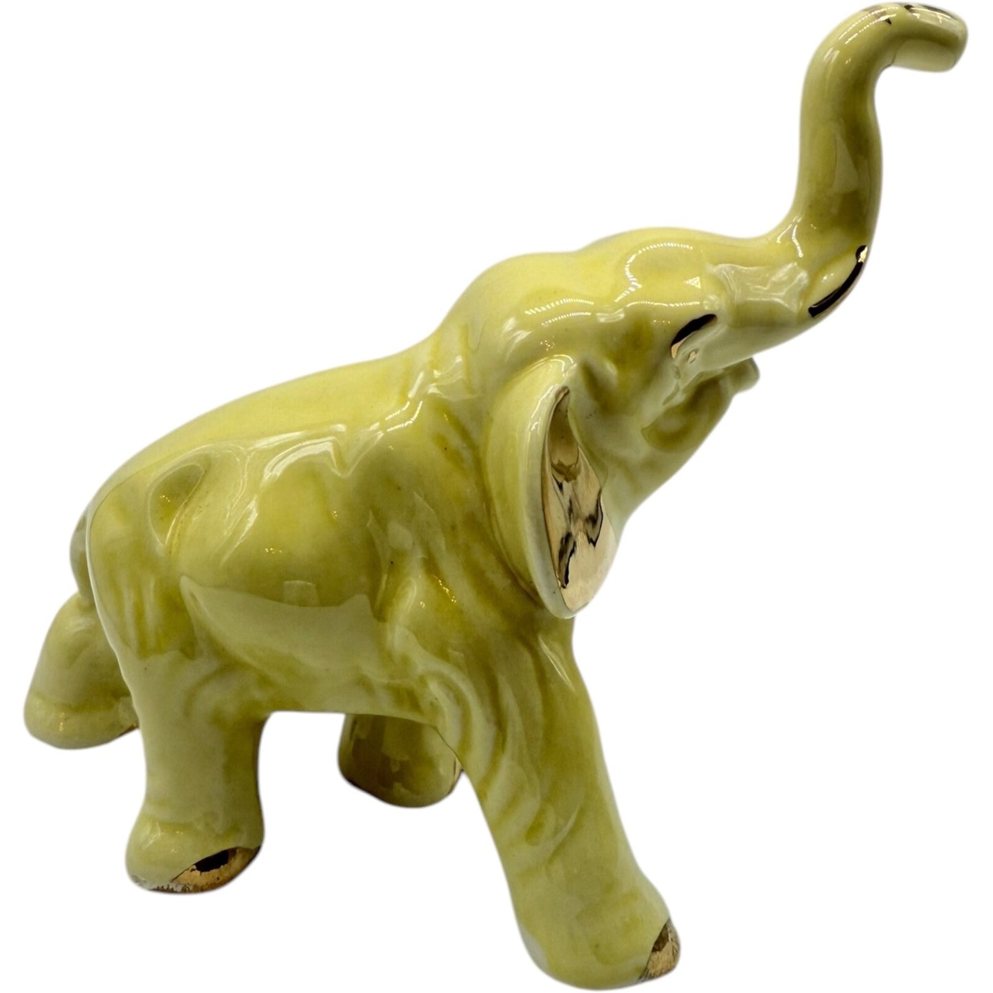 Vintage Ceramic Elephant Figurine Trunk Up | Yellow with Golden Trim | Good Luck