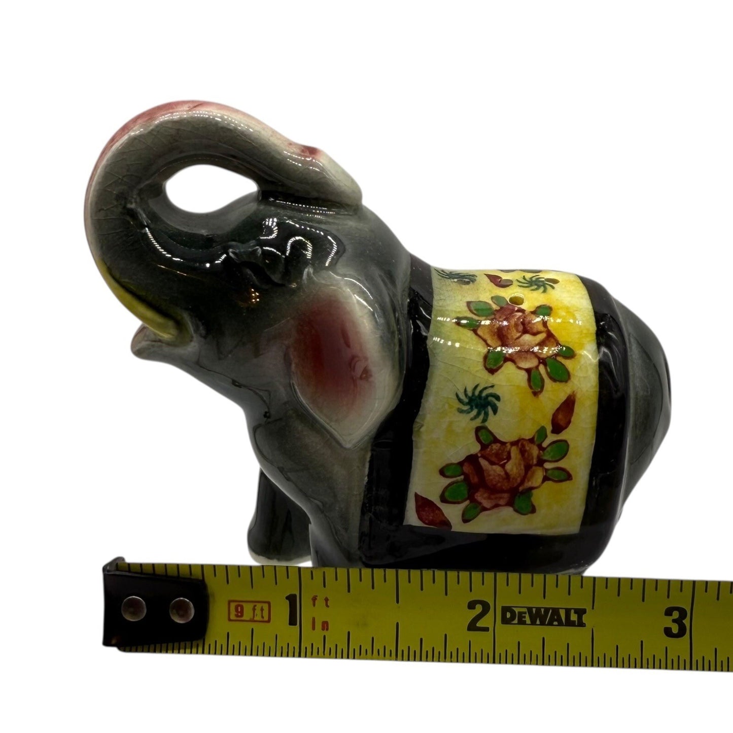 Vintage Ceramic Salt Shaker Elephant Figurine Floral Blanket Trunk Up Good Luck
