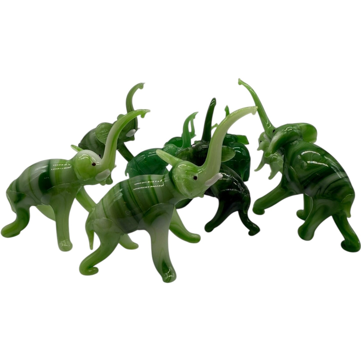 Hand Blown Glass Elephant Set - Swirled Green Family of 10 Vintage Collectibles