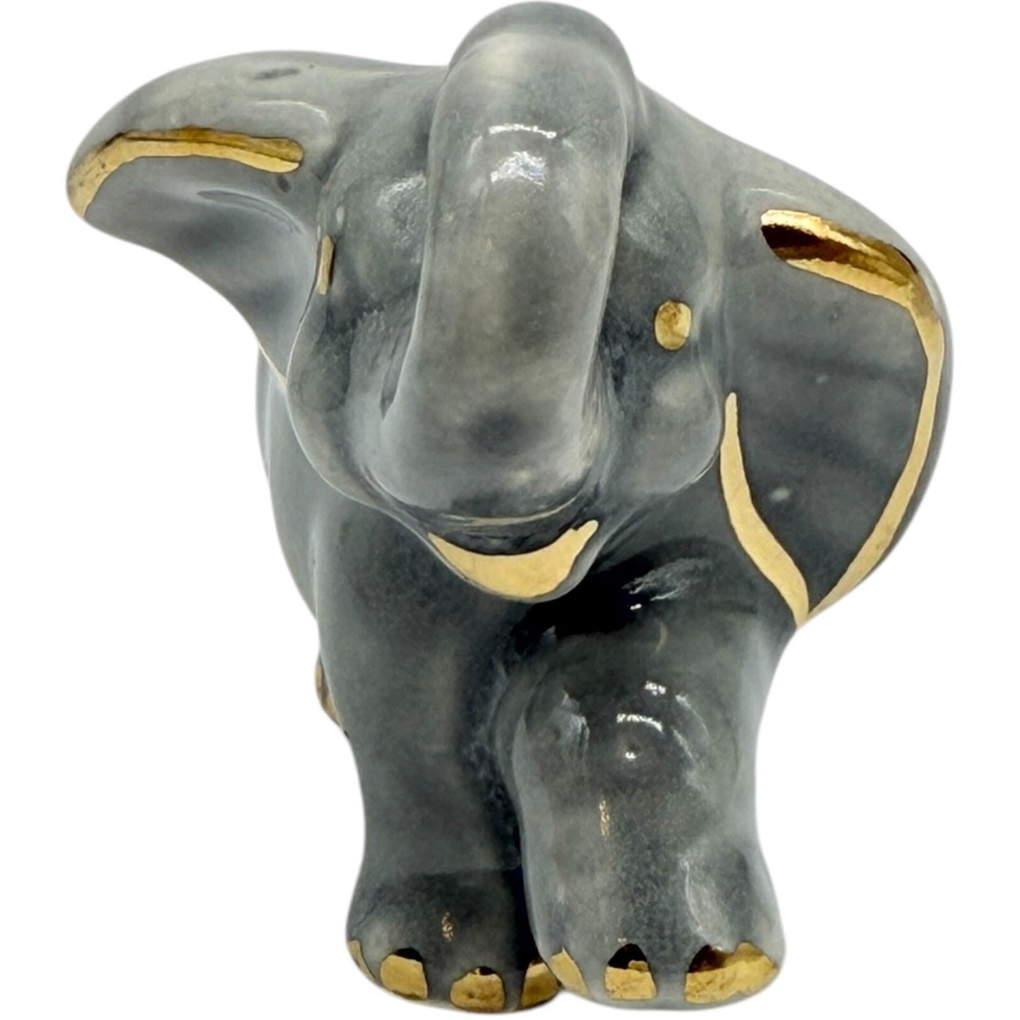 Elephant Figurine Gray Gold Accents Ceramic Animal Decor Collectible Cute