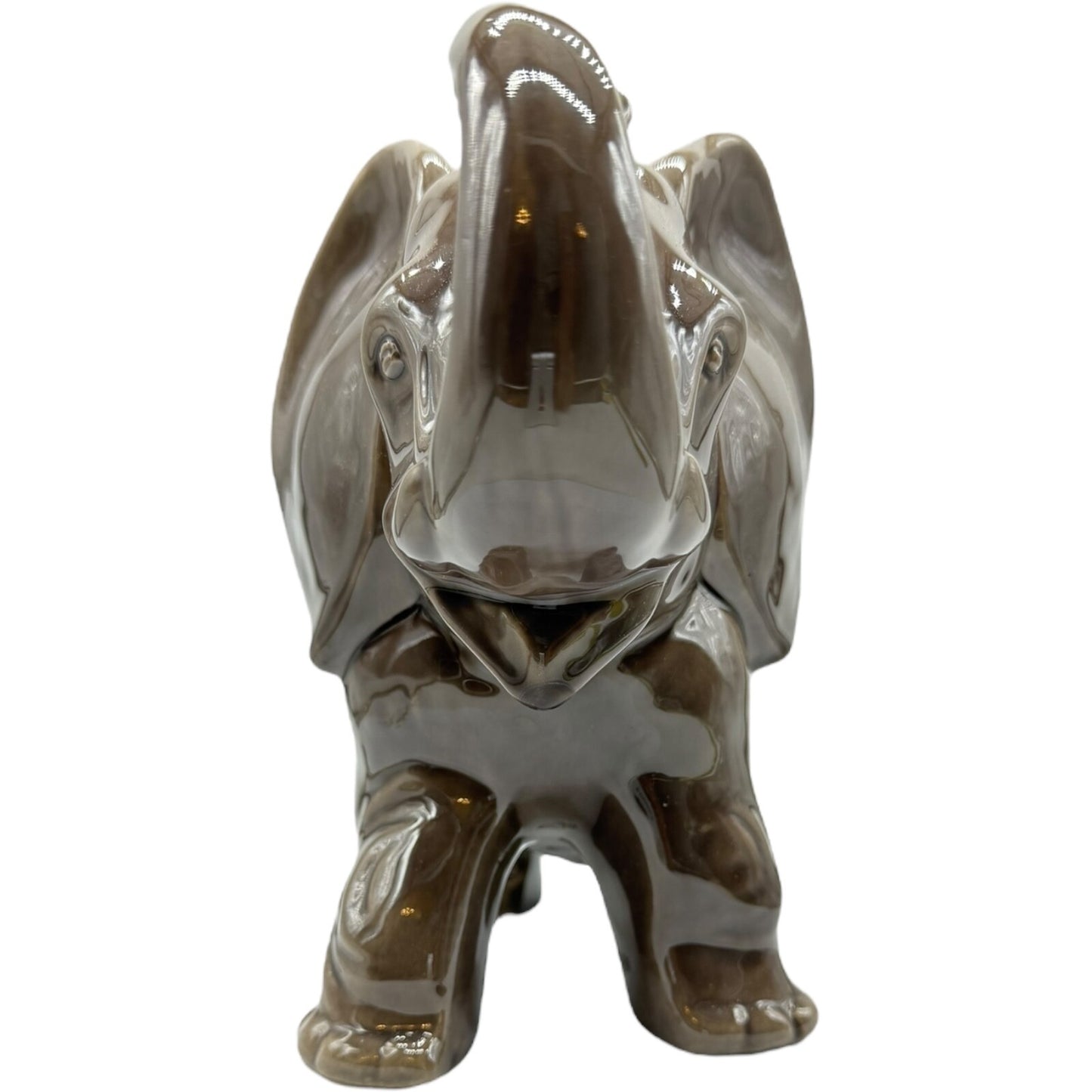 Vintage Porcelain Elephant Figurine 7" Japan | Trunk Up Good Luck | Gray/Brown