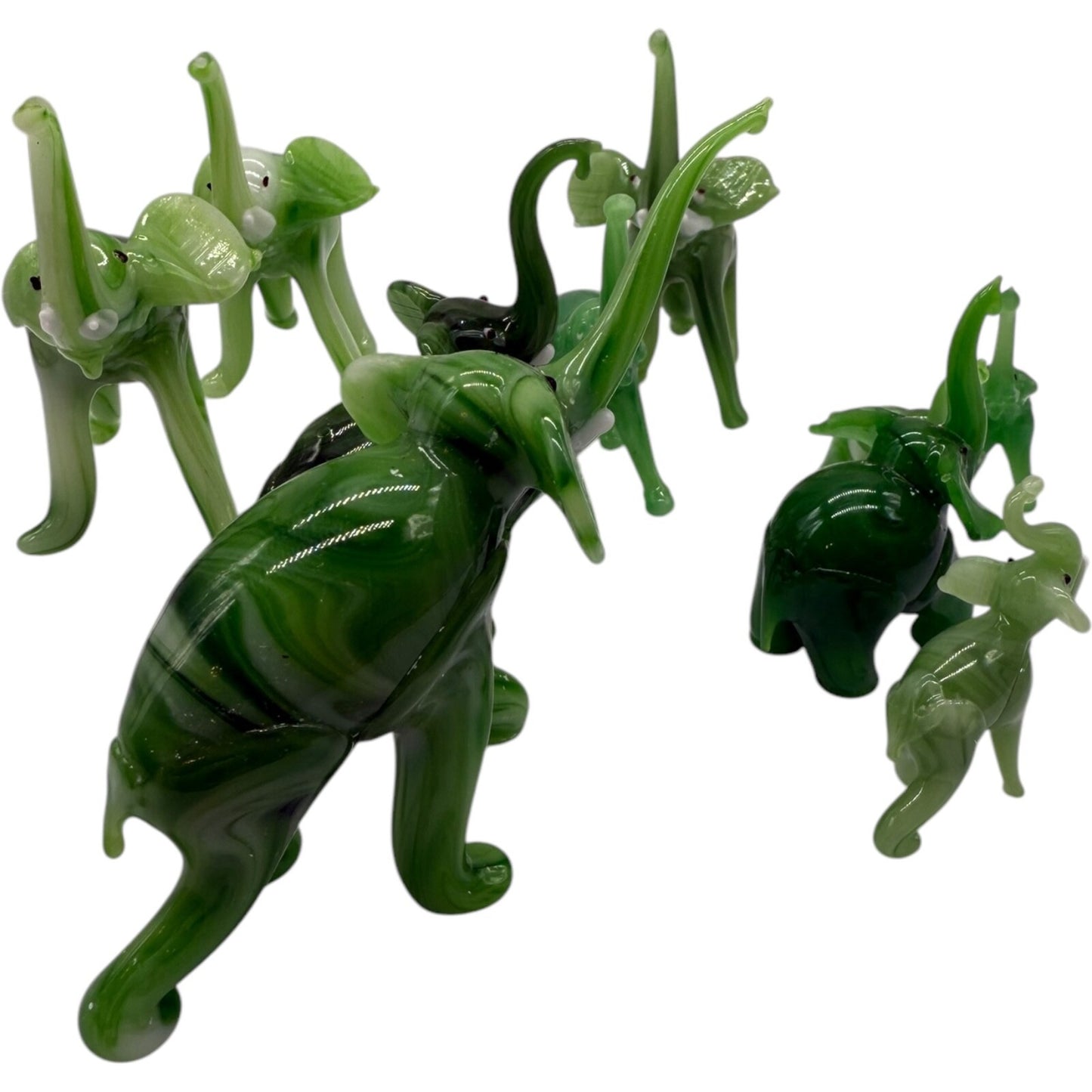 Hand Blown Glass Elephant Set - Swirled Green Family of 10 Vintage Collectibles