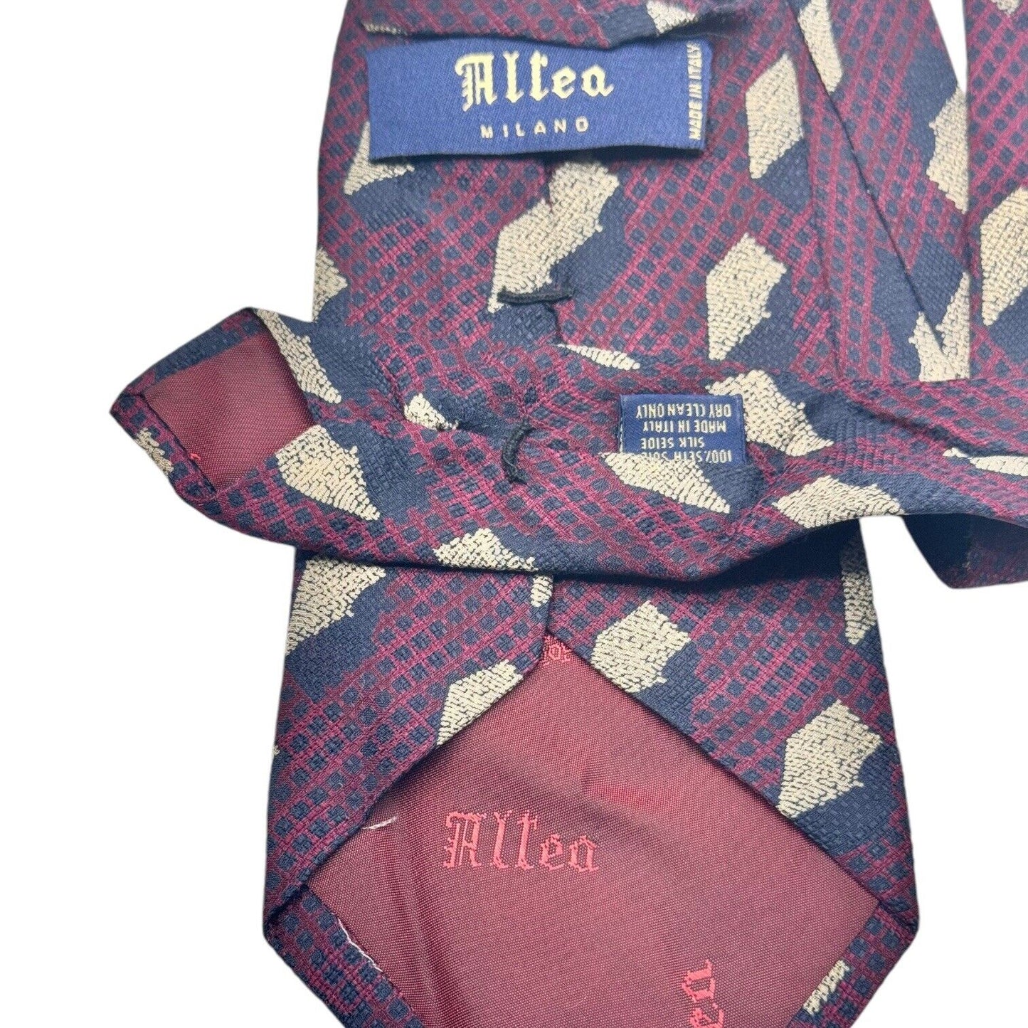 Allea Milano 100% Blue Maroon & Cream Geometric Silk Textured Neck Tie 57” x 4”