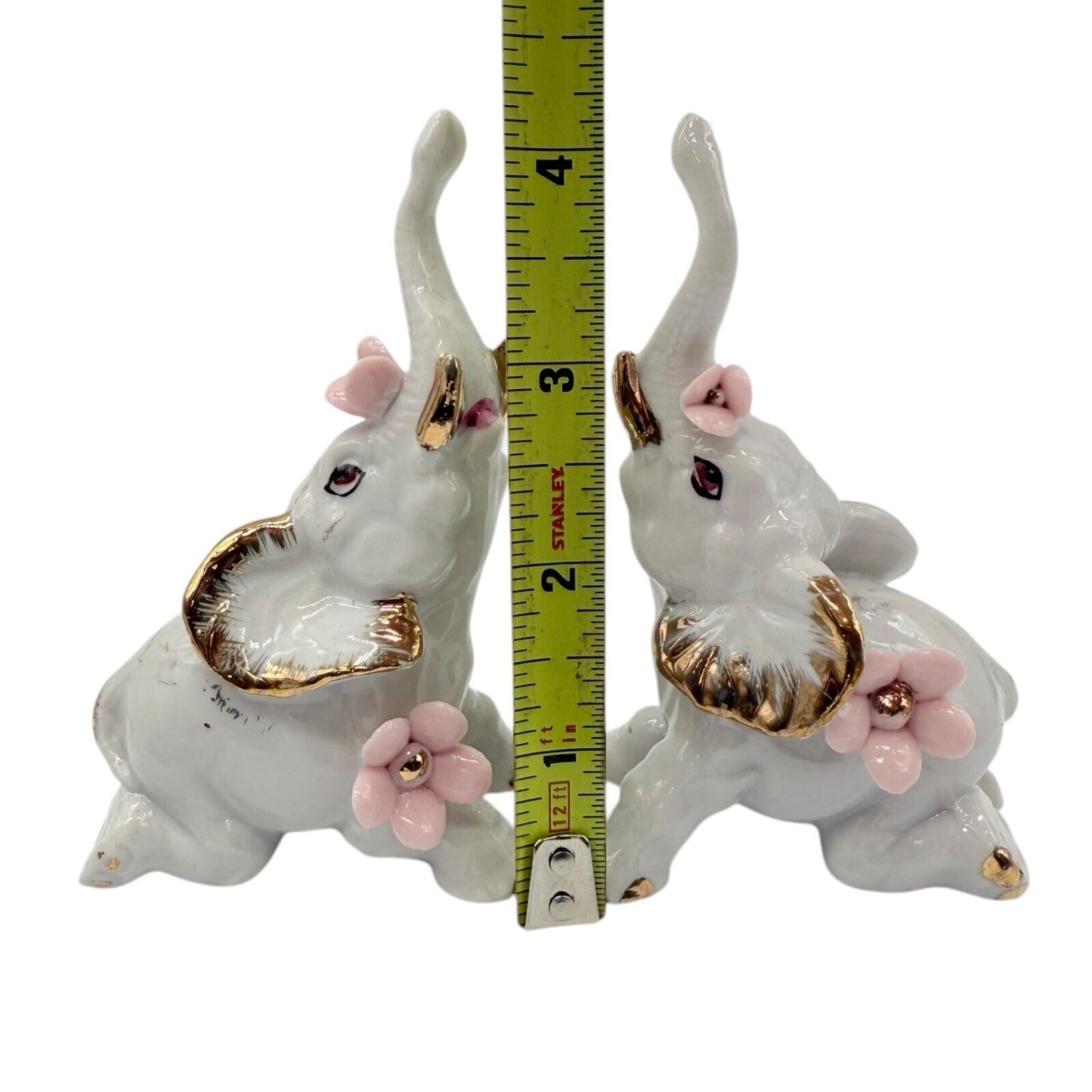 Elephant Figurines White Porcelain Gold Trim Pink Flowers Home Decor Set