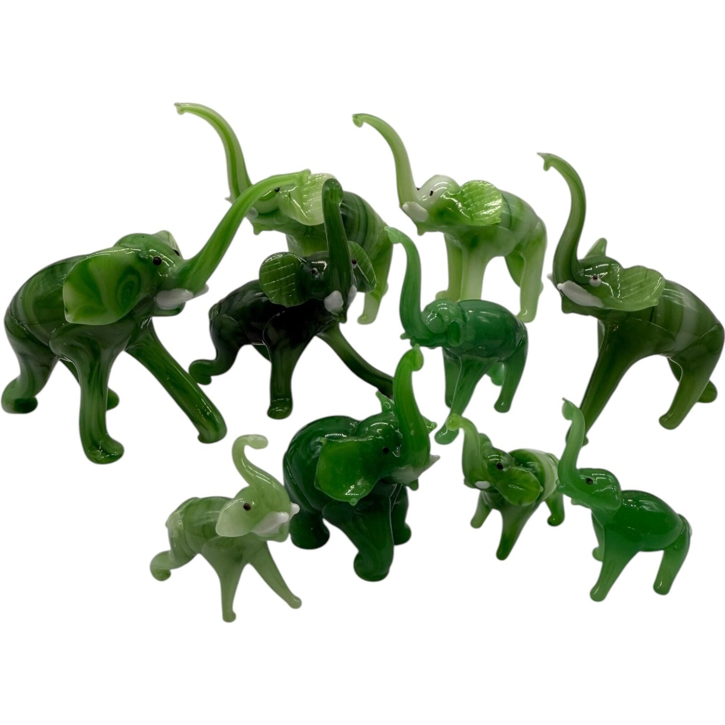 Hand Blown Glass Elephant Set - Swirled Green Family of 10 Vintage Collectibles