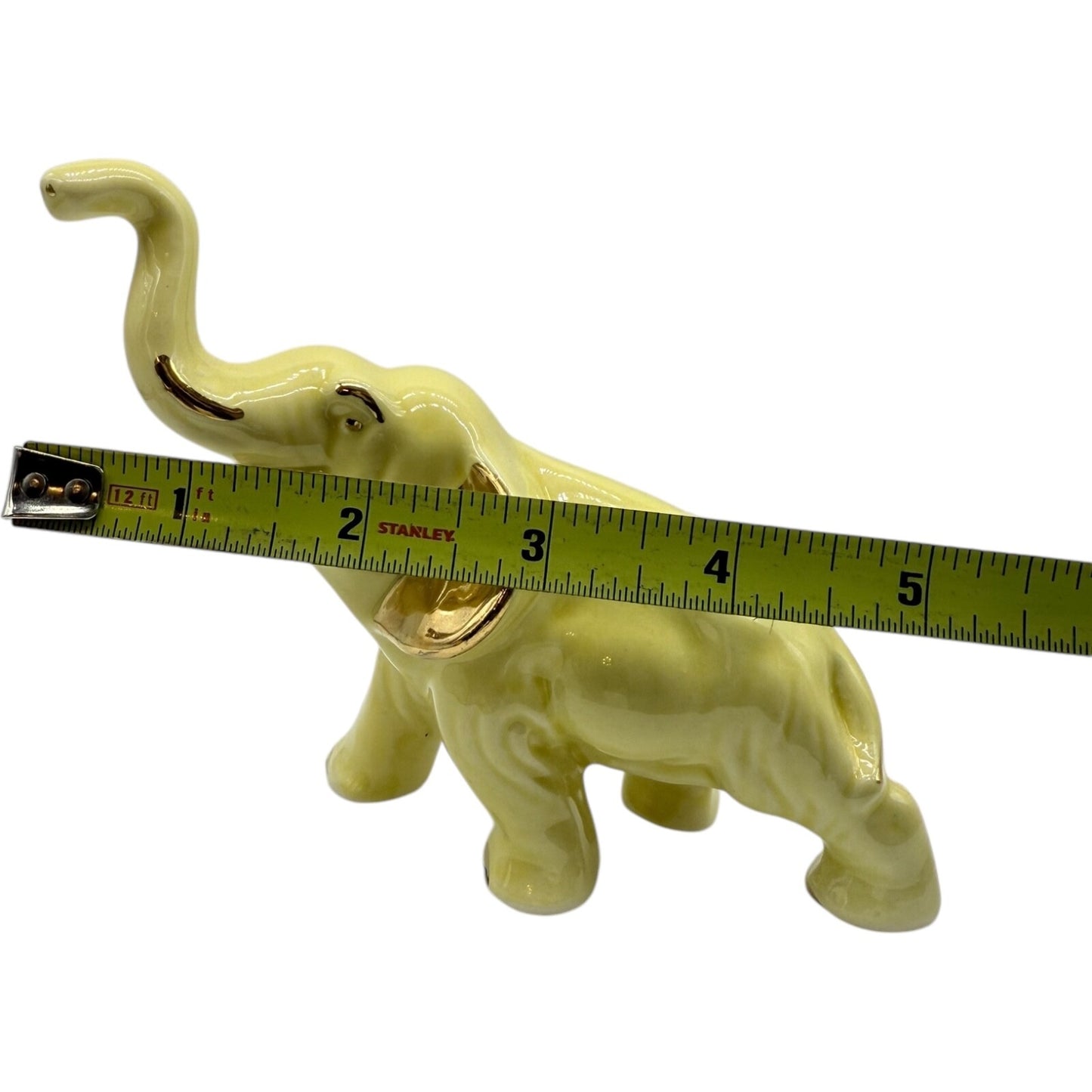 Vintage Ceramic Elephant Figurine Trunk Up | Yellow with Golden Trim | Good Luck