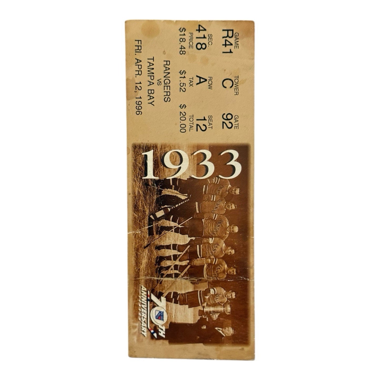 New York Rangers vs Tampa Bay Lightning April 12, 1996 Ticket Stub - MSG