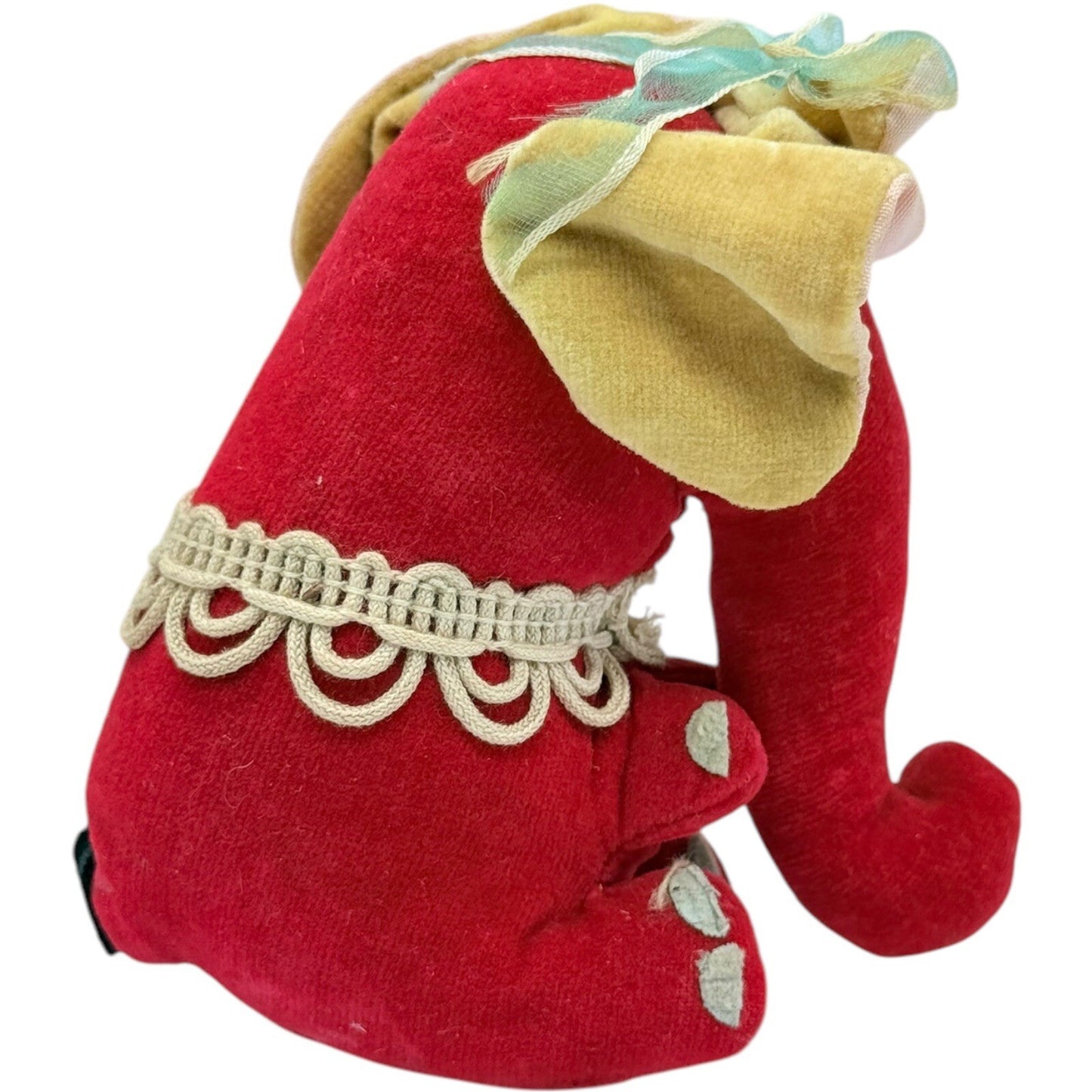 Vintage Red Elephant Plush Toy Stuffed Animal with Bonnet & Lace Trim