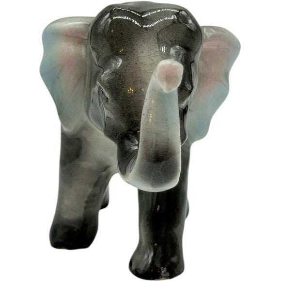 Elephant Figurine Ceramic Animal Statue Decor Gray Pink Accents 4.5"