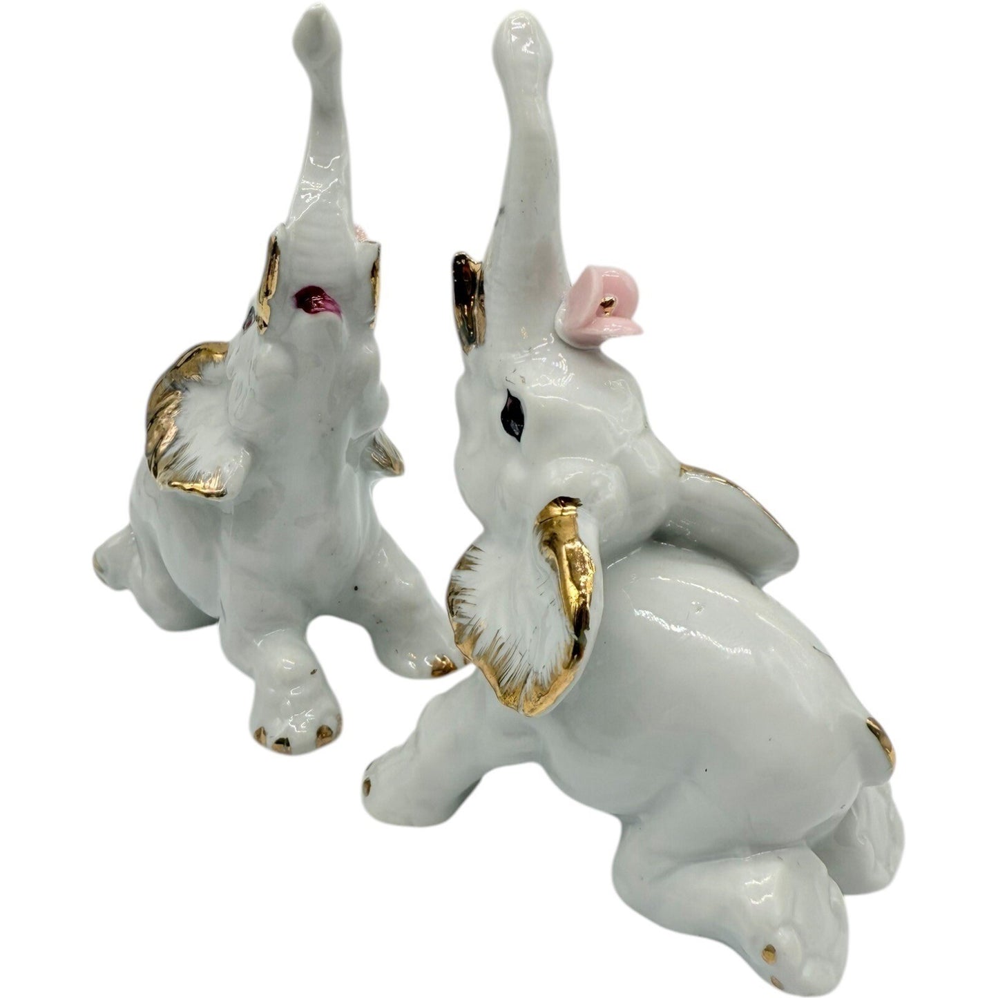 Elephant Figurines White Porcelain Gold Trim Pink Flowers Home Decor Set