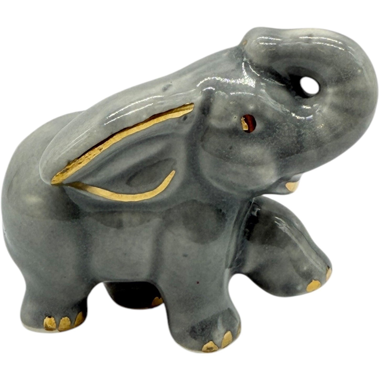 Elephant Figurine Gray Gold Accents Ceramic Animal Decor Collectible Cute
